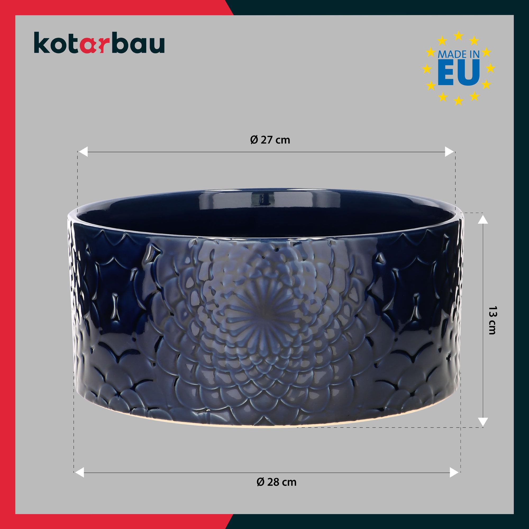 KOTARBAU Bac à plantes, en céramique, bleu cobalt, hauteur : 13 cm, diamètre : 28 cm, grand pot de fleurs, plat et rond, pour l'extérieur
