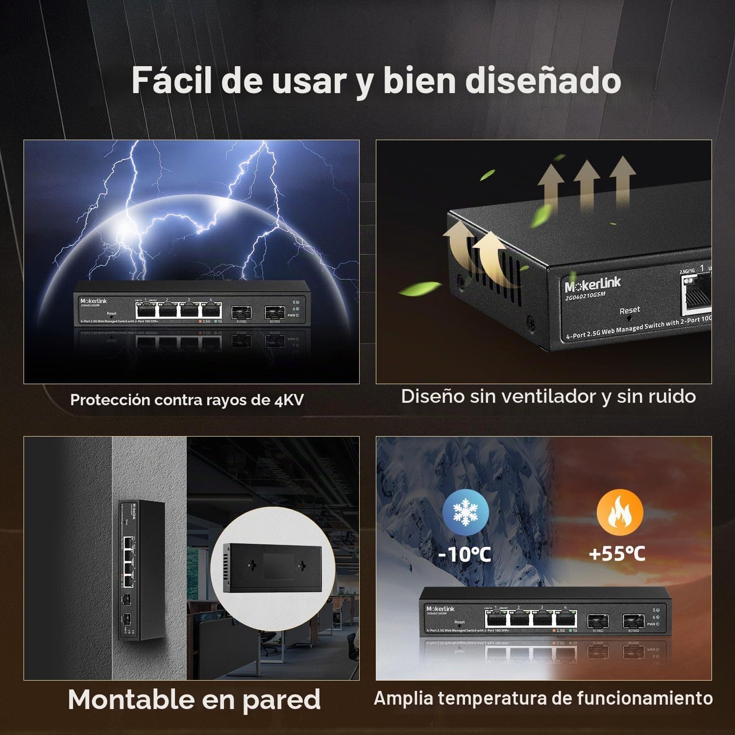 MokerLink Switch Gestión 4 Puertos 2.5G SFP+ 10G, 4 Puertos 2.5GbE Compatibles 10/100/1000Mbps Tamaño Mini Metal Web Managed Fanless
