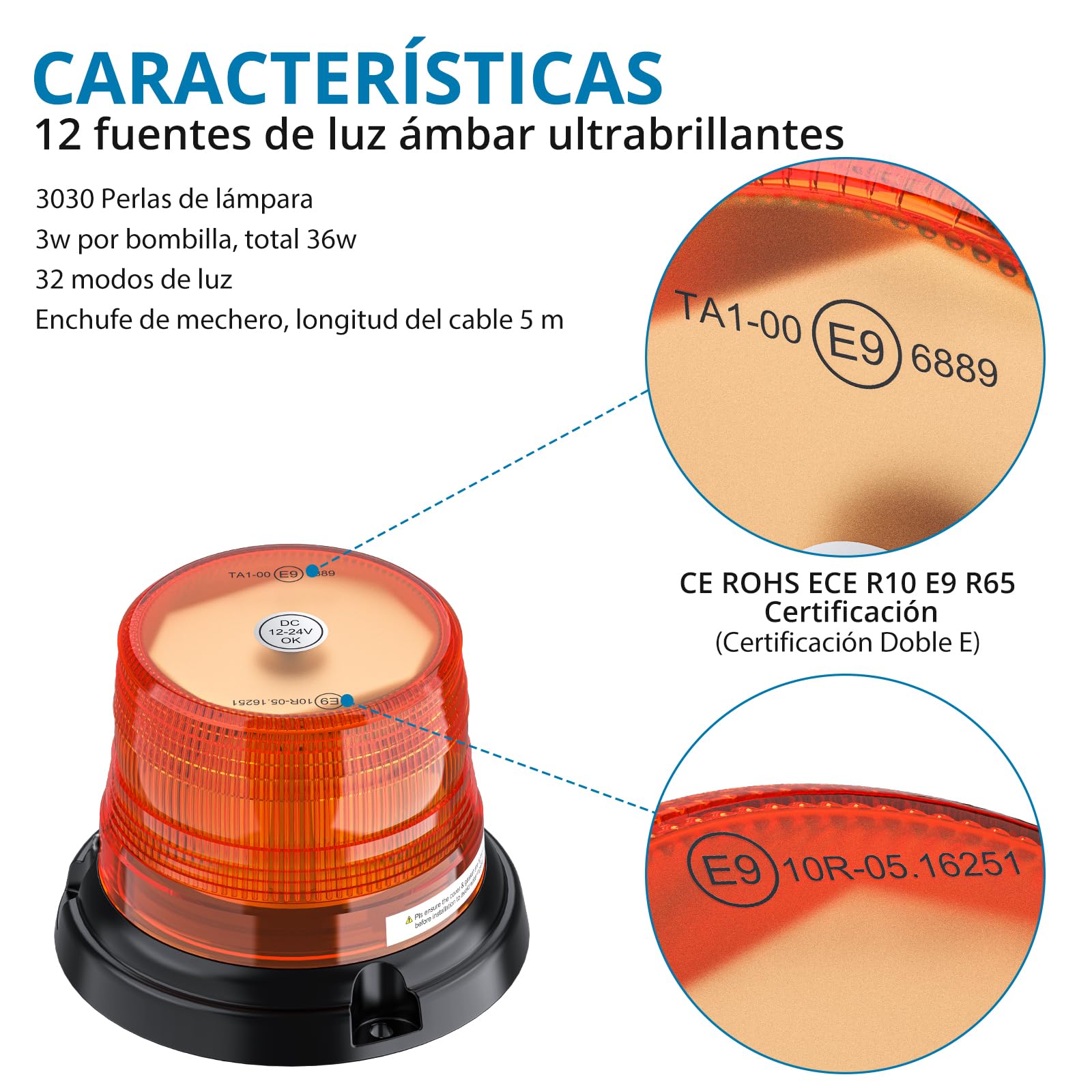 Giroscopio LED Rotante 12 LED Per Veicoli - Lampada Stroboscopica Magnetica Per Emergenze, Polizia, Vigili Del Fuoco - Foto 6