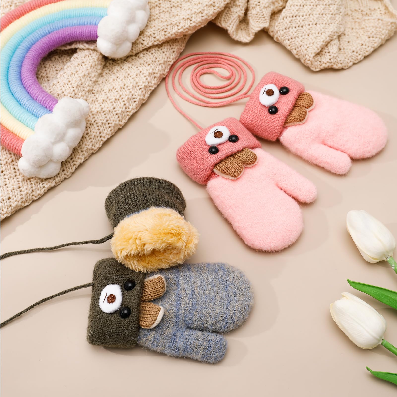 Apricitie 2 Paar Baby Fäustlinge Winter, Baby Handschuhe Kleinkinder 1-3 Jahre, Cartoon Gestrickte Handschuhe Kleinkind Warme Fäustlinge für Kinder Mädchen Jungen