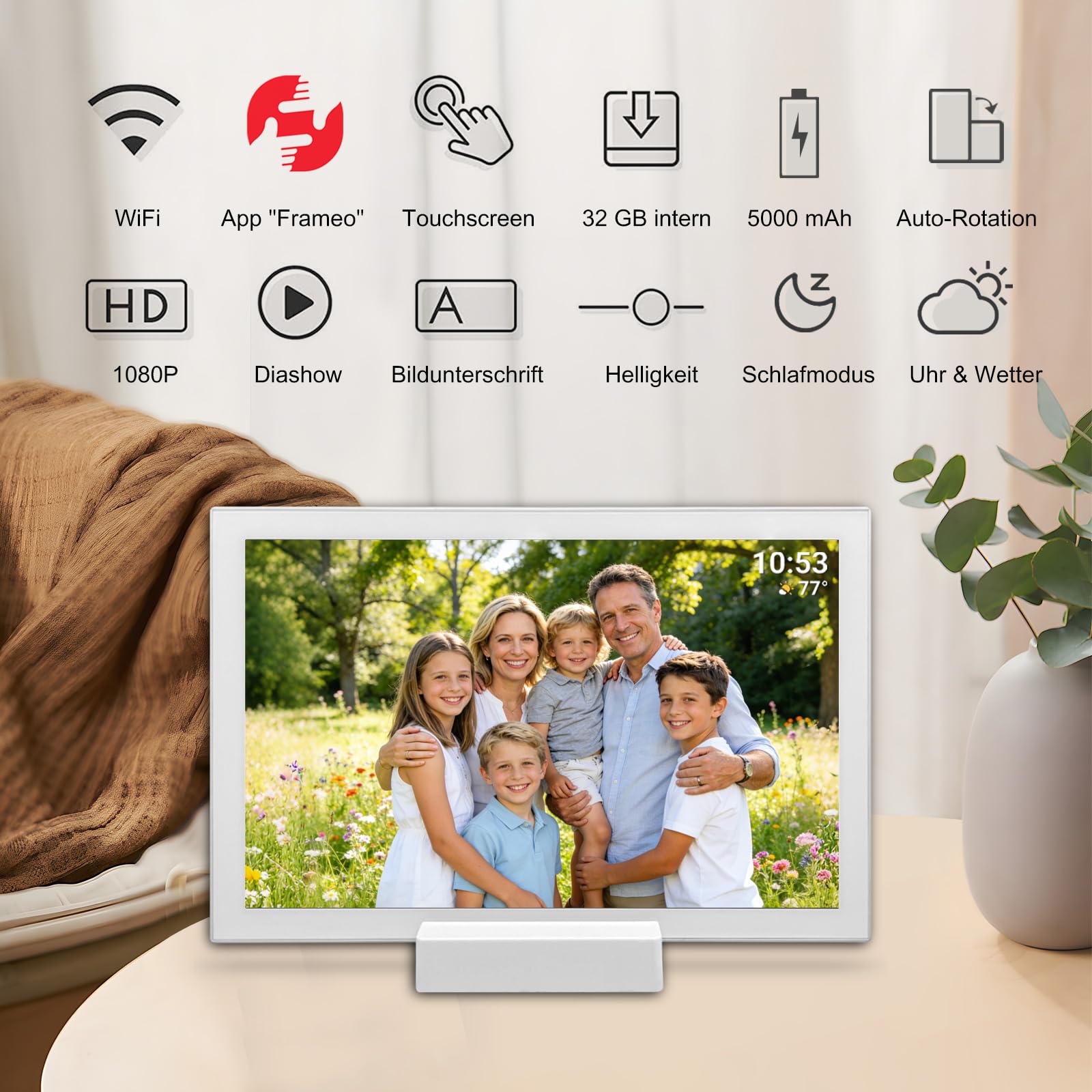 Frameo Digitaler Bilderrahmen 10,1 Zoll WLAN, 5000mAh Akku mit kabelloser Ladestation, 32GB Speicher, HD IPS Touchscreen, Auto-Rotation, Sofortiges Teilen von Fotos und Videos via Frameo App– Der idea