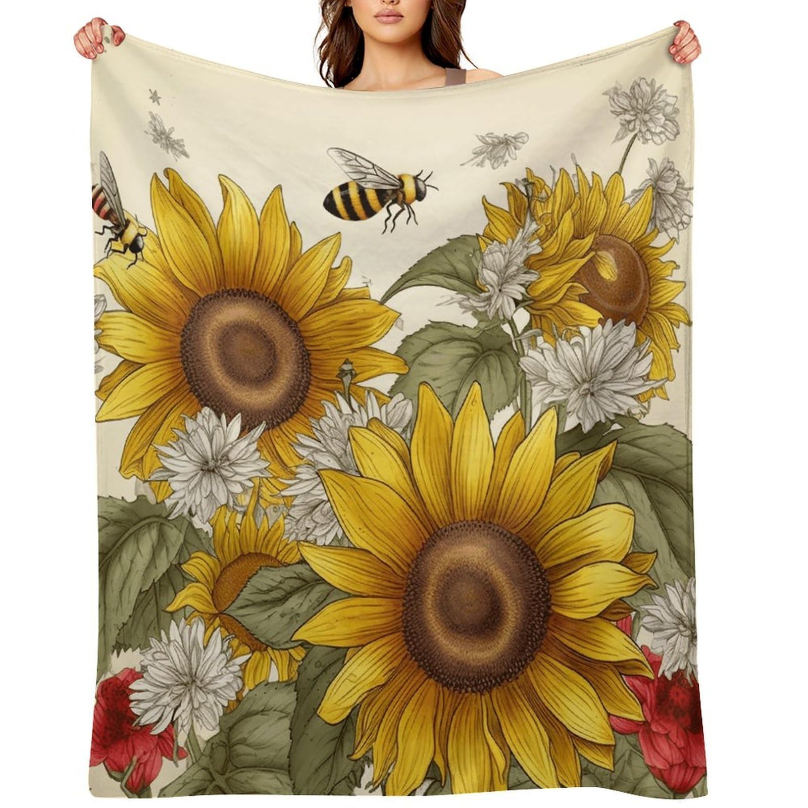 Bees Sunflowers Daisy Rose Flowers Throw Blanket for Couch and Bed Super Soft Warm Lightweight Throw Blankets Cozy Fuzzy Flannel Blanket Personalized Decorative Blankets for Sofa Decor 60"x80"