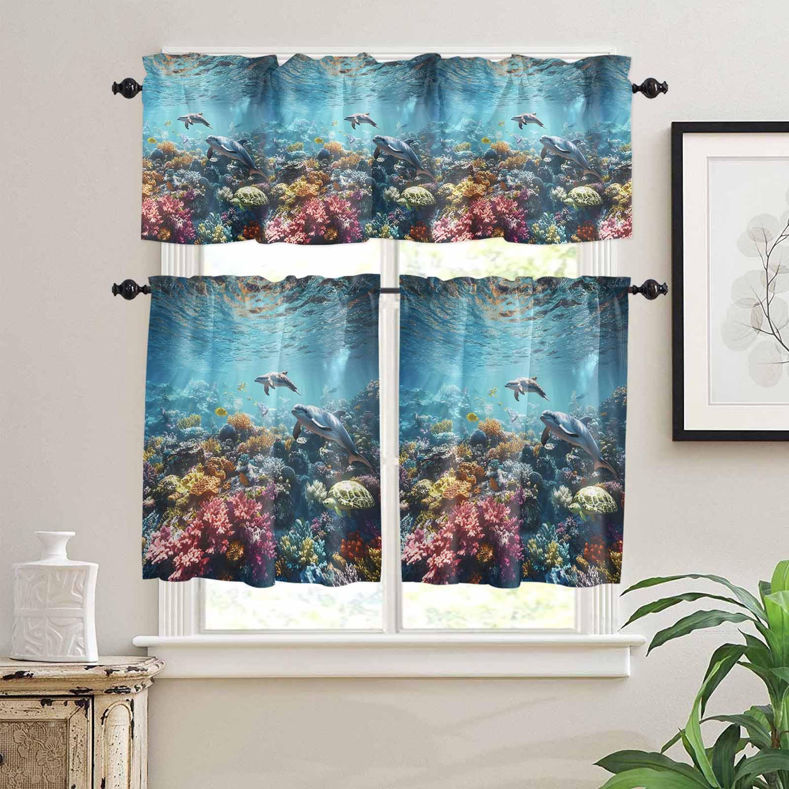 Underwater Animals Kitchen Curtains 36 Inch Length, 3 Piece Rod Pocket Small Half Tiers and Valance Set, Turtle Shark Coral Coastal Fish Small Large Window Treatment Decor for Bedroom/Bathroom Sink