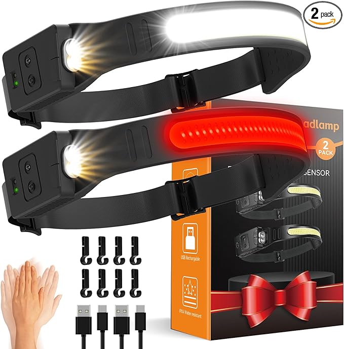 Headlamps Rechargeable for Adults 2 Pack, 230° Wide Beam Running LED Head Lamp with Red Light, Headlights for Head with Motion Sensor, Hard Hat Light Flashlight for Runners, Camping, Hiking, Fishing
