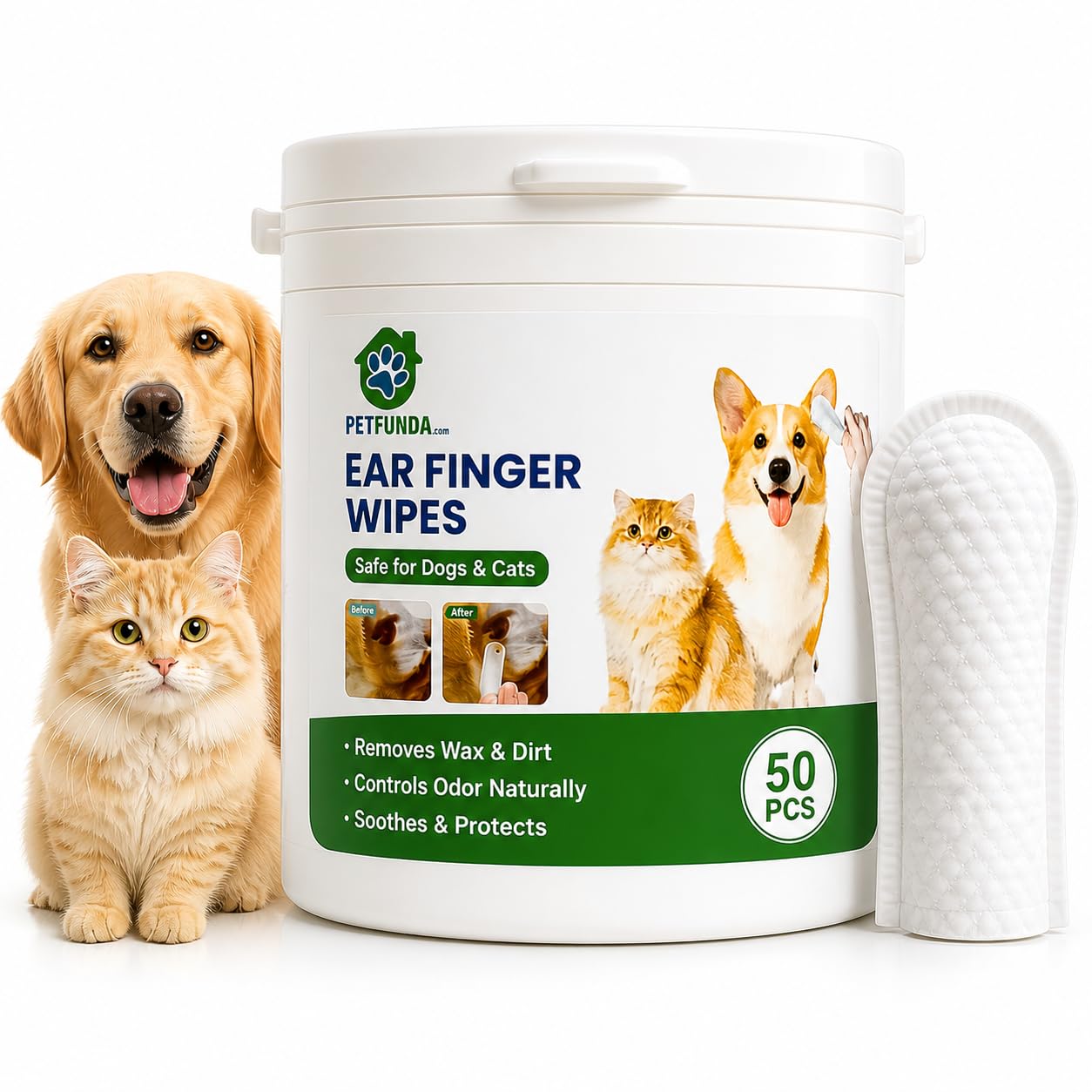 Finger Wipes for Dog & Cat Ears (50 Pcs) – Fits Over Finger for Mess-Free Cleaning – Rosemary & Witch Hazel – Removes Wax, Dirt & Odor – Alcohol-Free, Safe for Puppies & Kittens