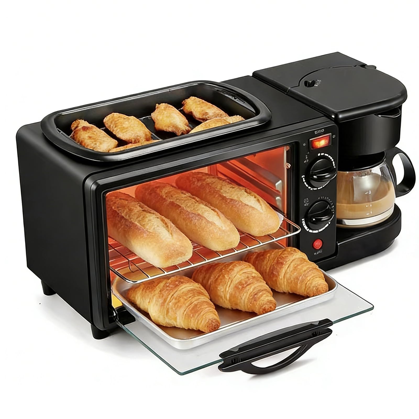 WDWDW Breakfast Station with Toaster Oven,Coffee Maker,Non-Stick Griddle - Compact Kitchen Appliance for Easy Meal Preparation