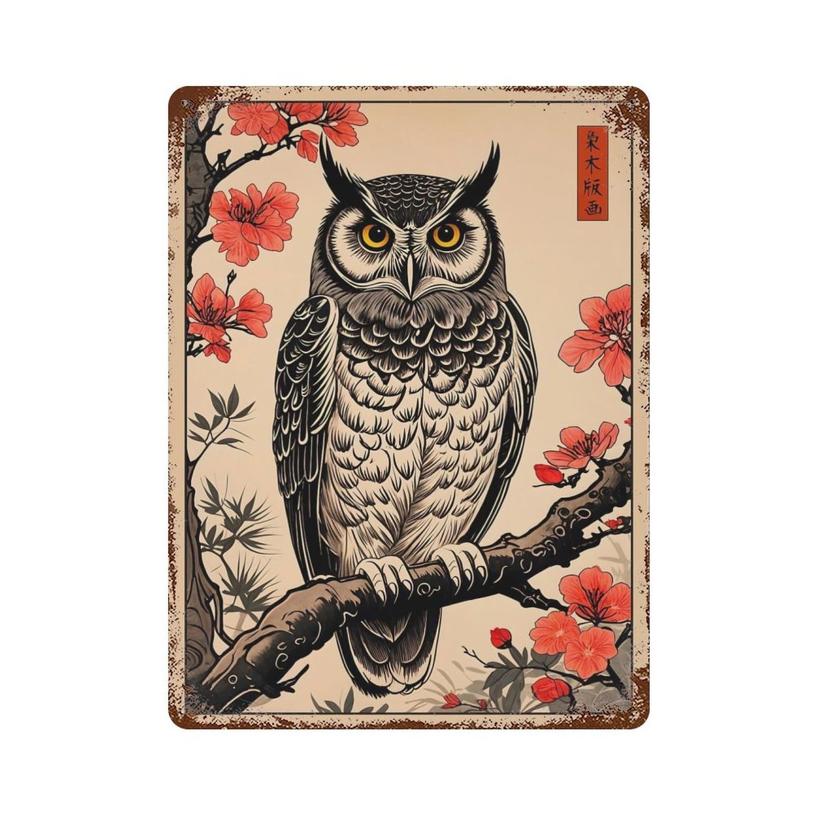 Owl Japanese Art Vintage Metal Tin Sign 15.7"x11.8", Farmhouse Wall Decor for Living Room, Hallway And Home Decor