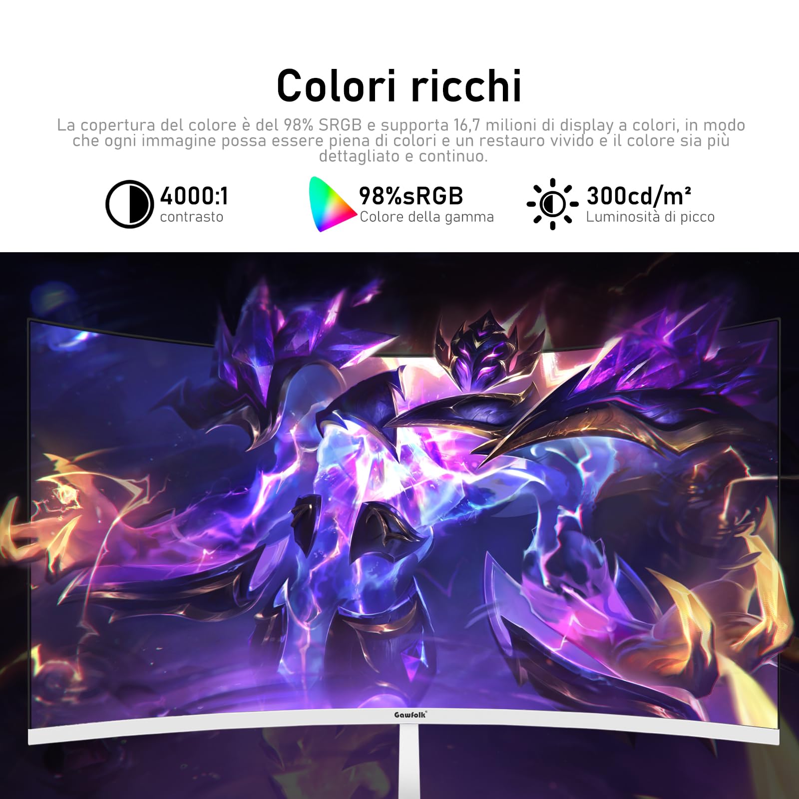Gawfolk 27 pollici 180Hz curvo monitor per computer da gioco, 1800R，FHD 1080P, 98% sRGB, 1ms，FreeSync，178 ° grandangolo,HDMI、DisplayPort，Compatibile con il montaggio a parete 100 * 100mm - bianco