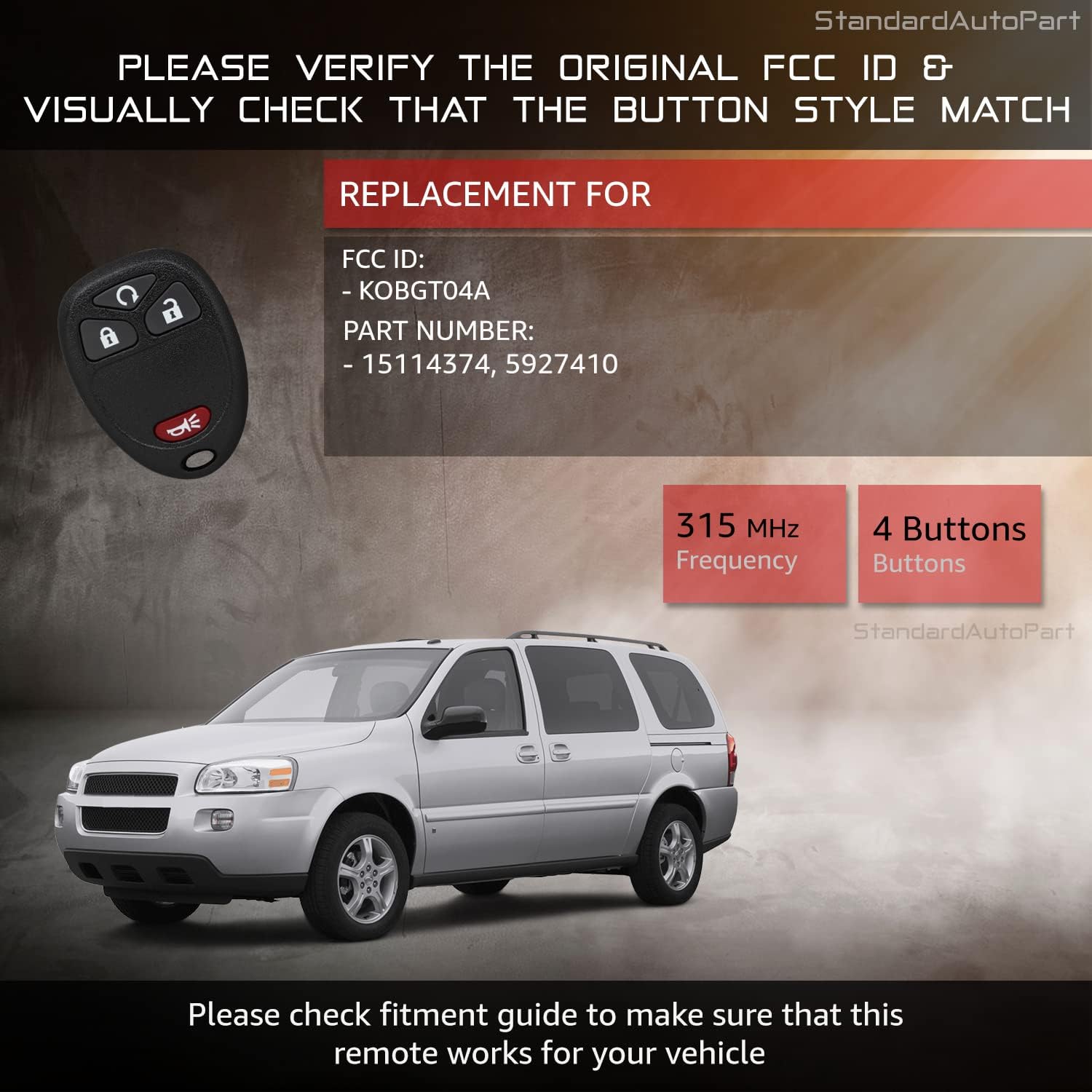 StandardAutoPart Keyless Entry Remote Key Fob Transmitter KOBGT04A Compatible with Chevrolet Cobalt Malibu Grand Prix Lacrosse (4 Button Remote Start)