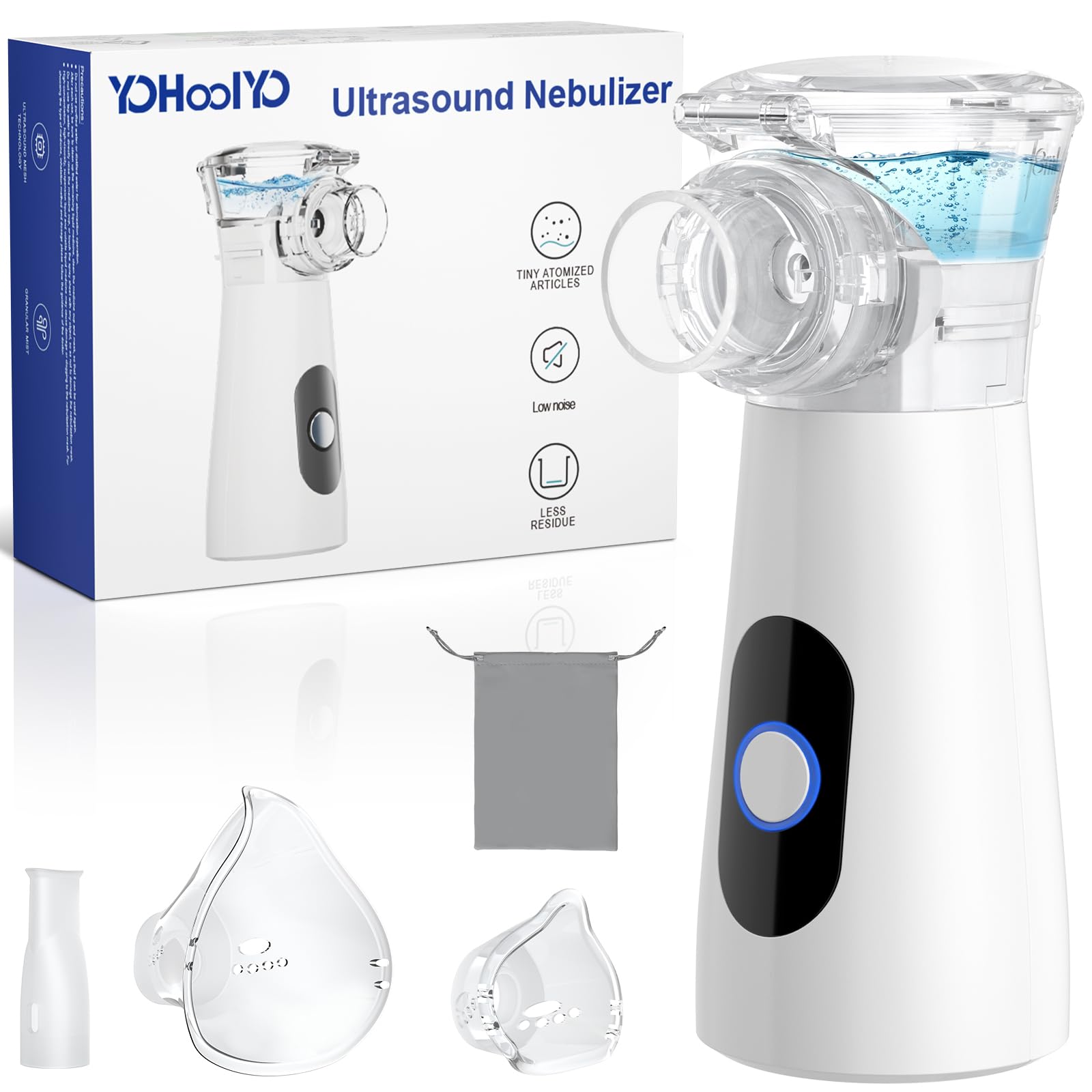 YOHOOLYO Aerosol Portatile Silenzioso 26dB, 2 Modalità, Ricarica USB-C con Funzione Autopulente, Include 2 Maschere e Boccaglio per Adulti e Bambini, Leggero, Ideale per Viaggi e Uso Domestico