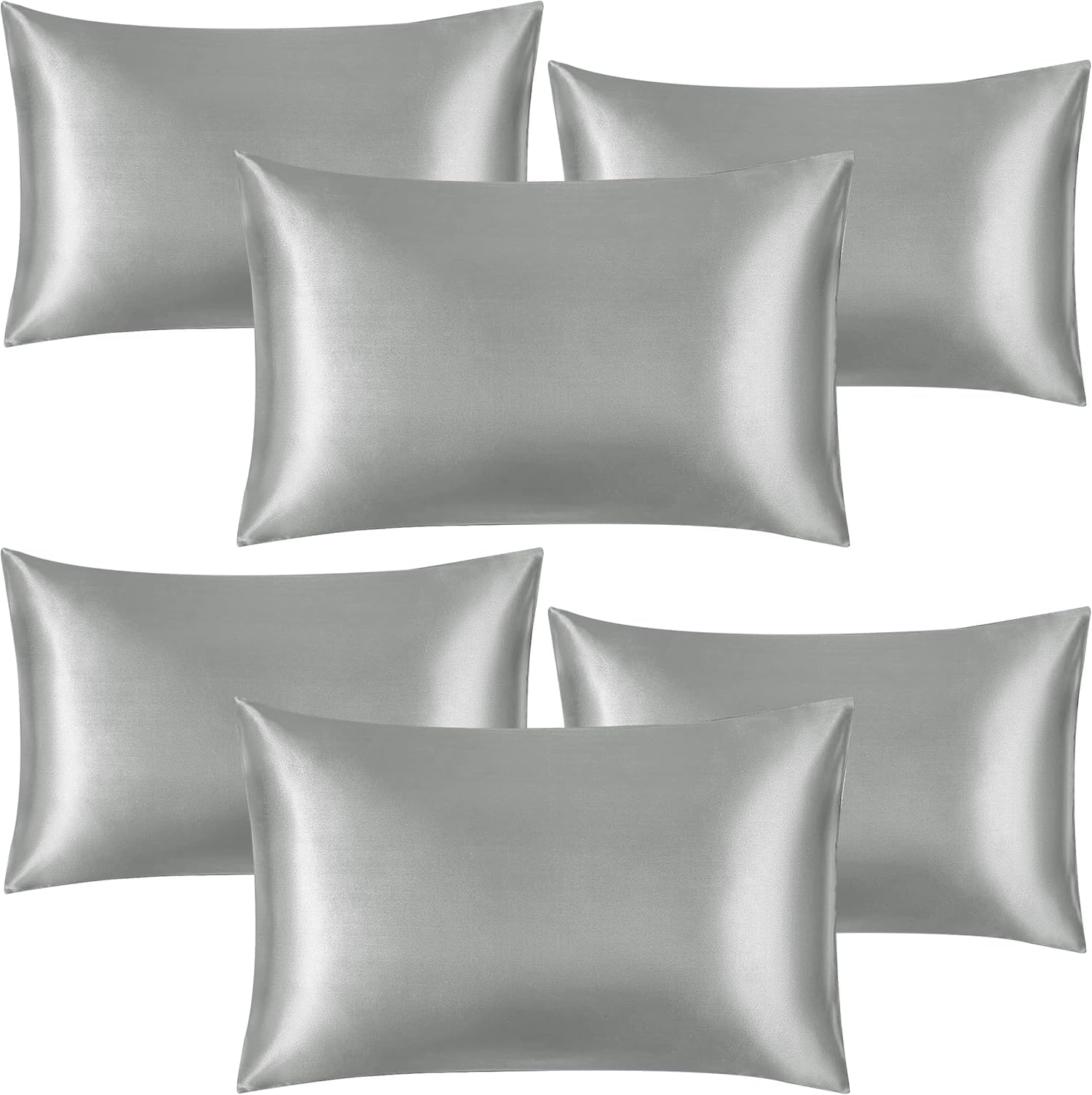 Yorkshire Bedding Grey Pillow Cases 6 Pack- Luxury Satin Pillowcases with Envelope Closure, Soft as Silk Pillowcase for Hair and Skin Standard Size Hypoallergenic Pillow Covers (50x75cm)
