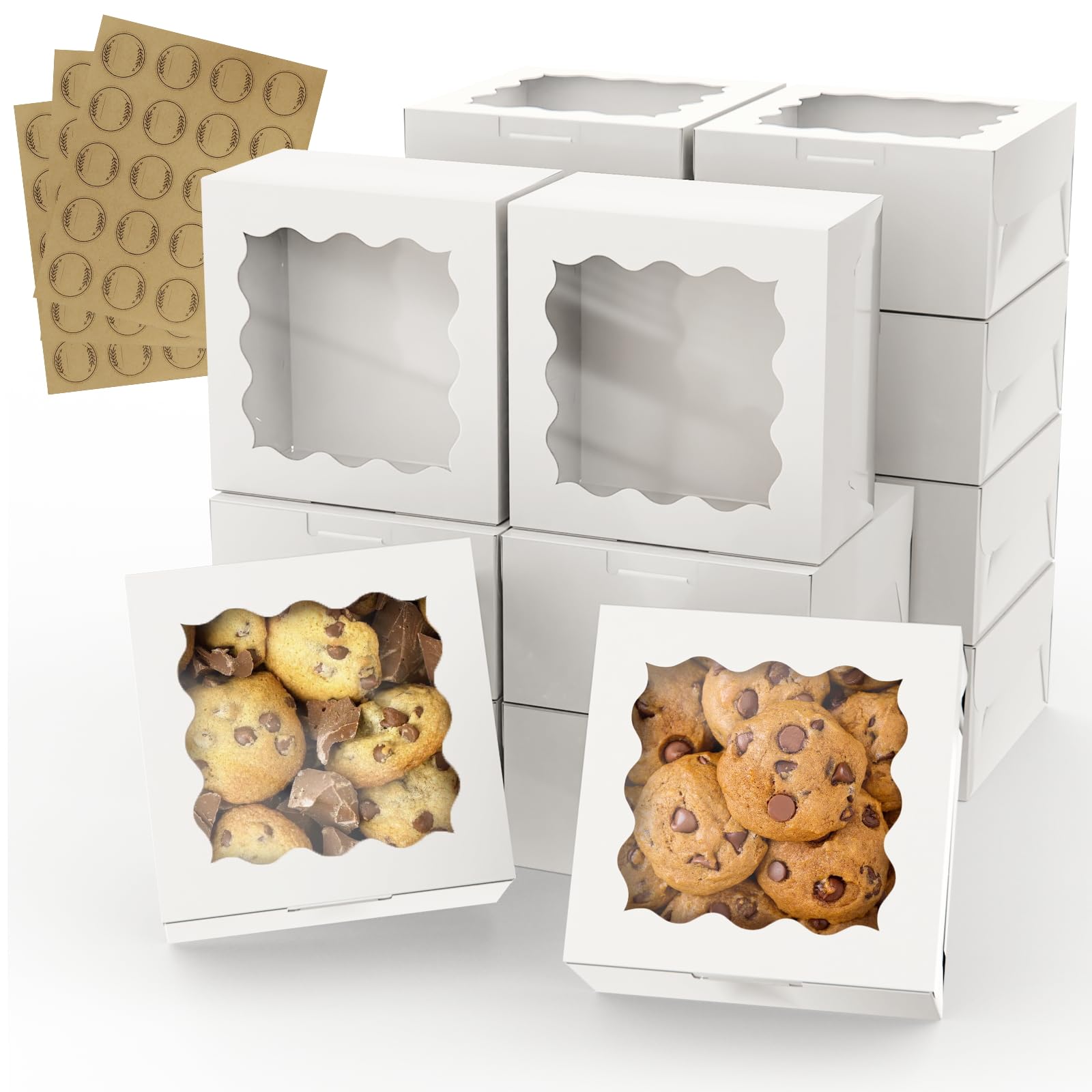 WUHUIXOZ 60 Pcs Cookie Boxes 6 x 6 x 3 Inche, White Bakery Boxes with Clear Window for Donuts Muffins, Cookies, Macaron, Pastry