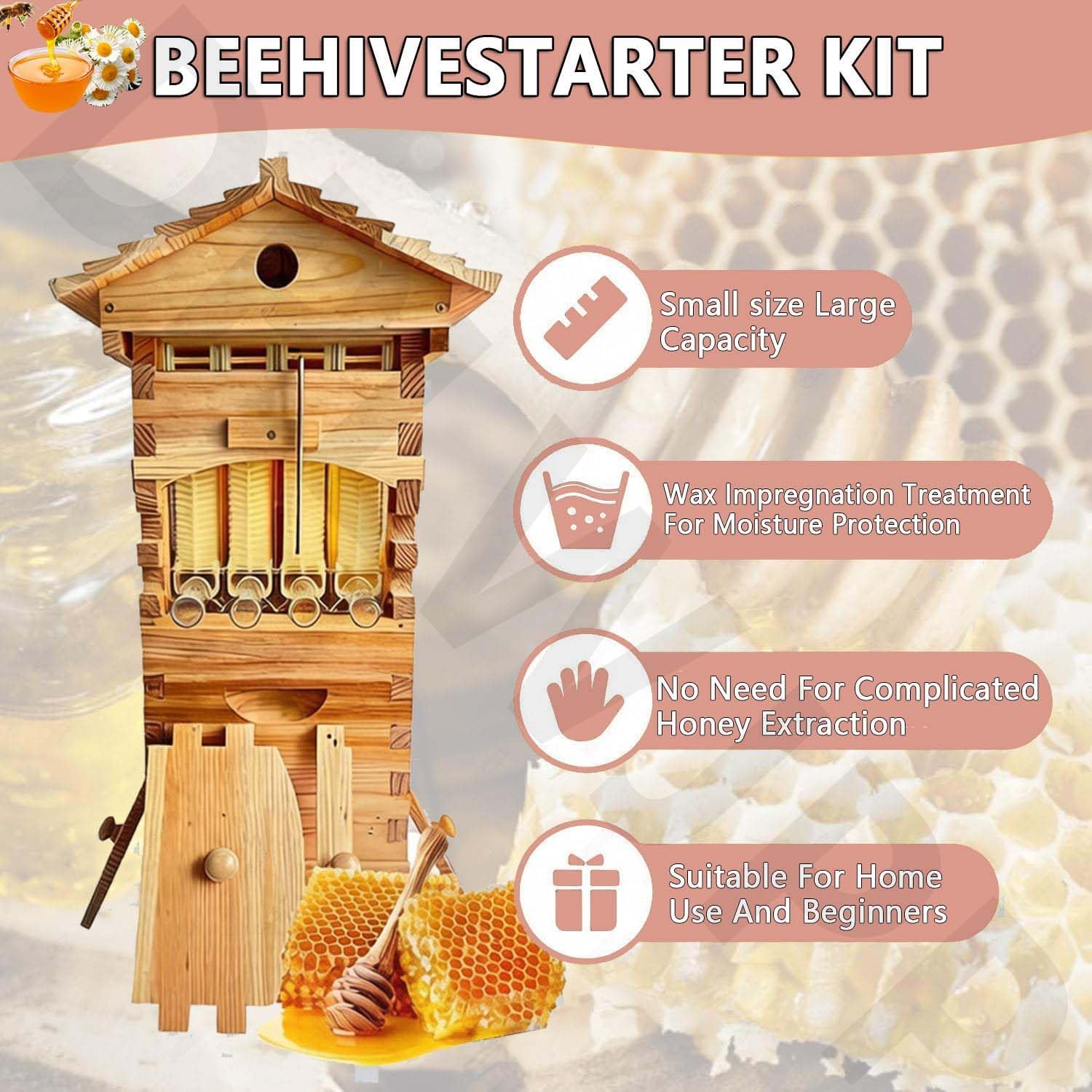Beehive Starter Kit – Set completo di alveare a flusso automatico con alveare rivestito in cera, finestra di osservazione, beccuccio per miele per principianti – ideale per gli appassionati di