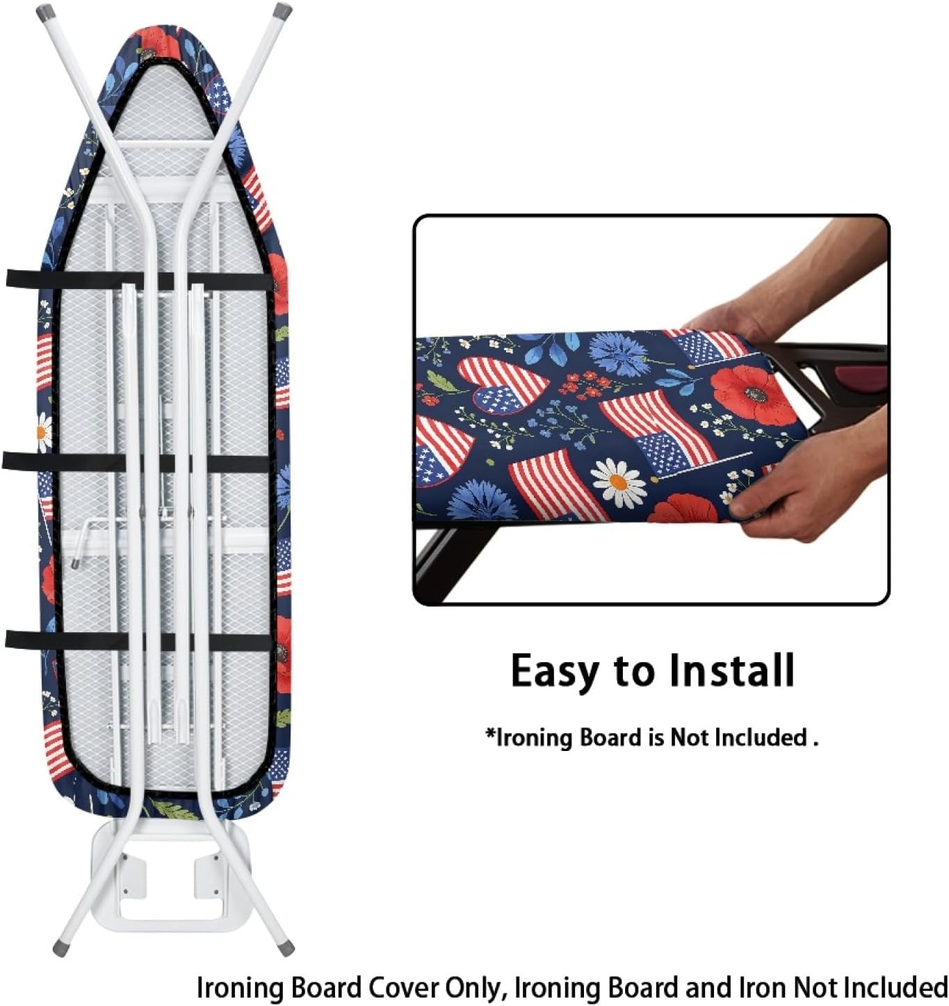 4th of July Ironing Board Cover, 16"x55" Standard Ironing Board Cover with Elastic Edge and Hook and Loop Fasteners, Scorch & Stain Resistant, Polyester Home Ironing Board Covers, Star Freedom