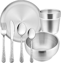 Kindergeschirr Set, HaWare 7-teilig Edelstahl Kinderbesteck ab 3 Jahre, Kleinkind Gehämmertes Besteck Set mit Kinder Gabel/Messer/Löffel/Teller/Müslischale/Tasse, Ungiftig & Gesund, Spülmaschinenfest