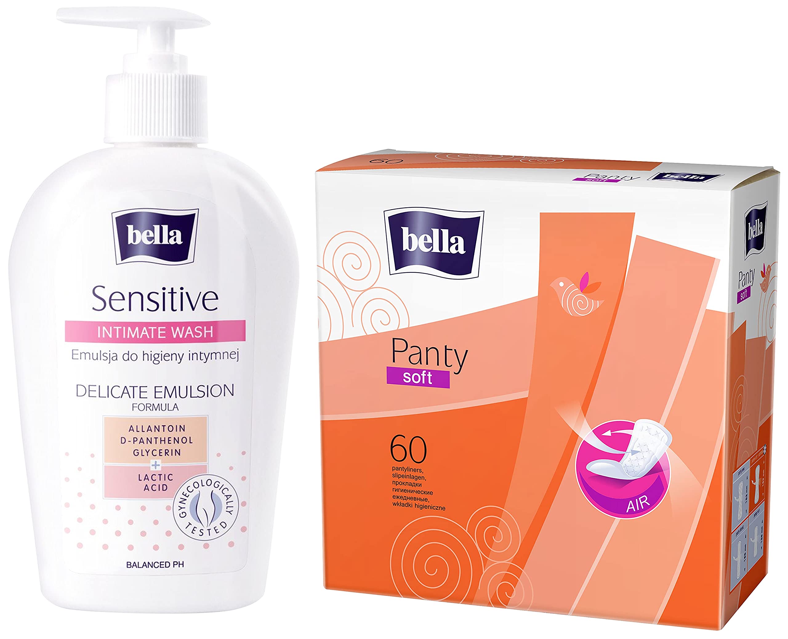 Bella Sensitive Intimate Wash Delicate Emulsion, 300 Ml & Bella Panty Soft Classic Liners, Pack of 60 Scent: unscented