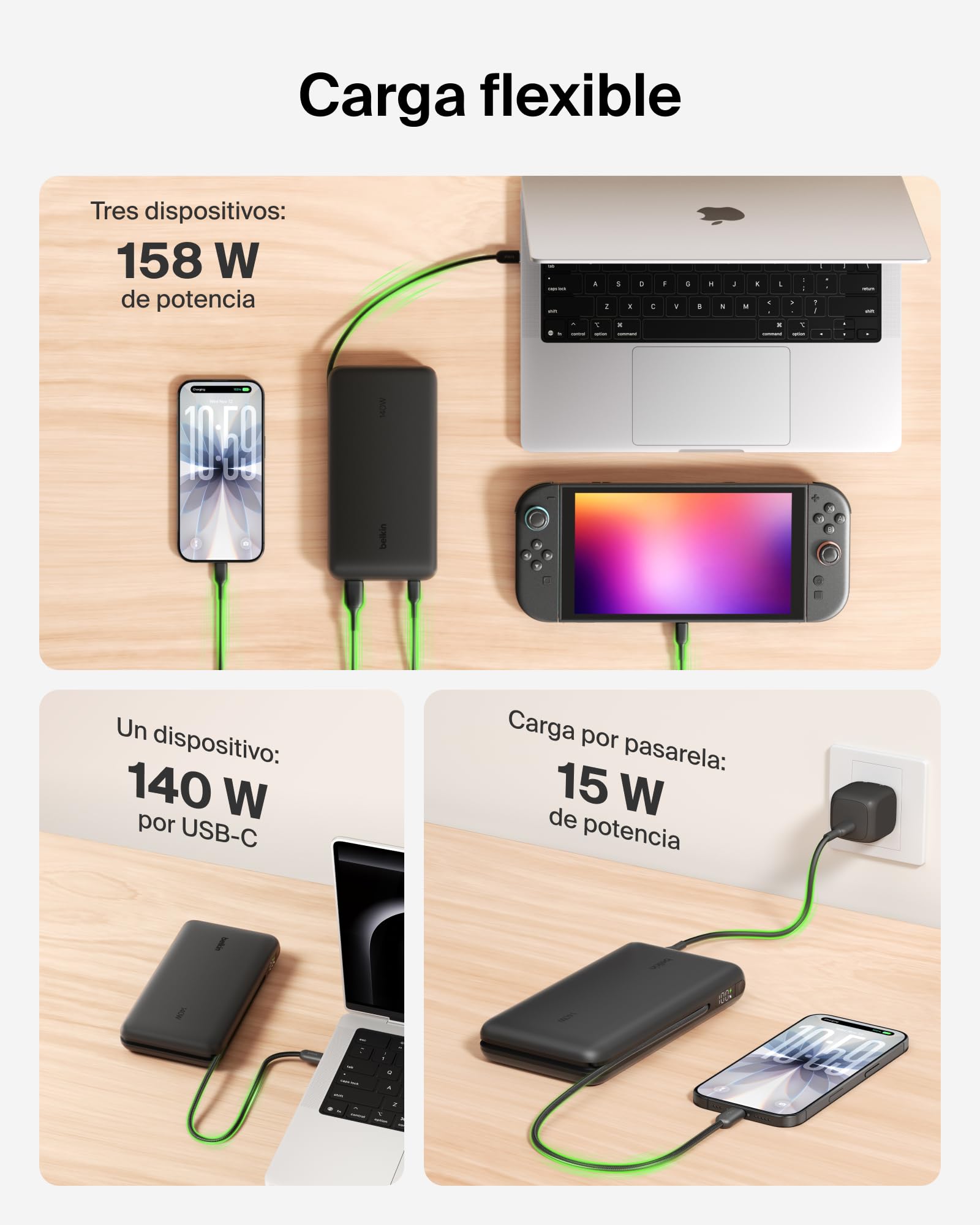 Belkin UltraCharge Pro Batería Externa 25 000 mAh para Portátiles - Negro | Power Bank de 25000 mAh, 1 puerto y 1 cable USB-C, 1 puerto USB-A, Power Delivery a 158 W, Pantalla, Batería Portátil