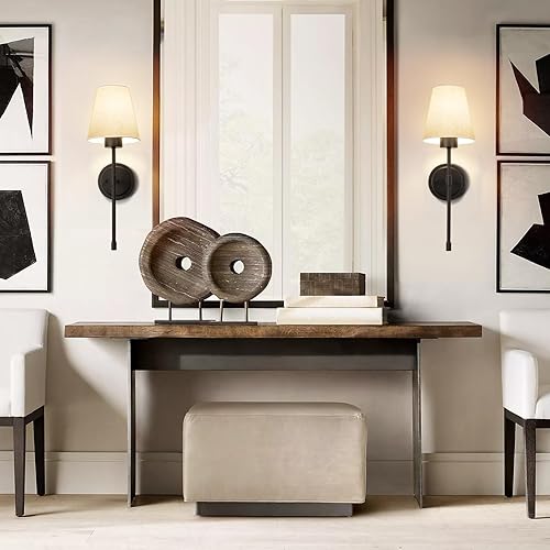 Miniatura 5 de ShineTech Juego de 2 apliques de pared industriales retro, pantalla de tela de lino, lámparas montadas en la pared para dormitorio, sala de estar,