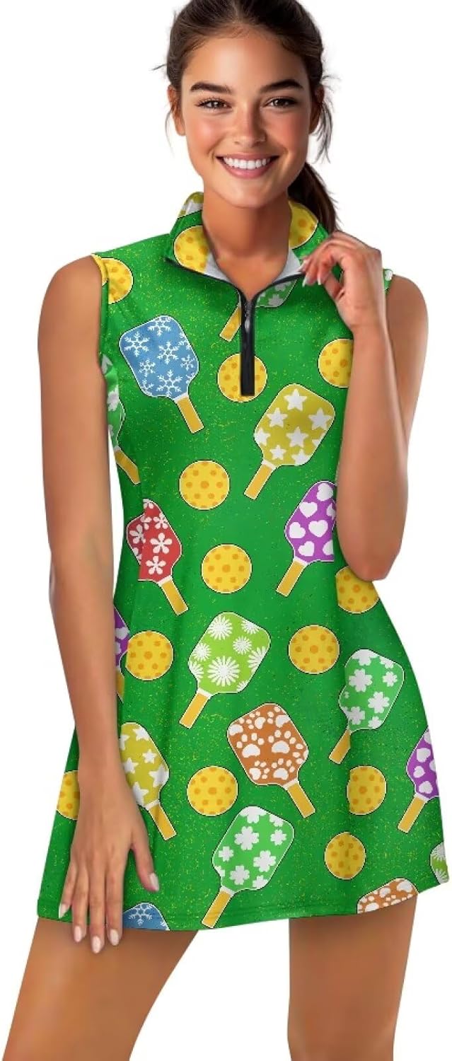 Women's Tennis Golf Dress with Shorts and Pockets Sleeveless Polo Activewear Zipper Workout Athletic Dresses XS-2XL