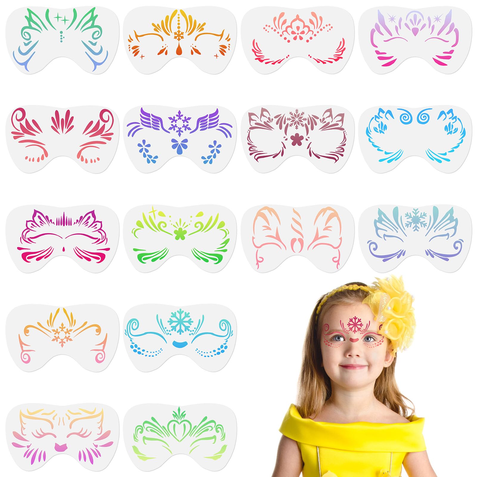 URAQT Tattoo Schablone, 16 Blatt Wiederverwendbare Gesichtsfarbe Schablonen, Tattoo für Gesicht und Körper, für Kinder Erwachsene, Party, Fasching, Karneval, Weihnachten Halloween (D2)