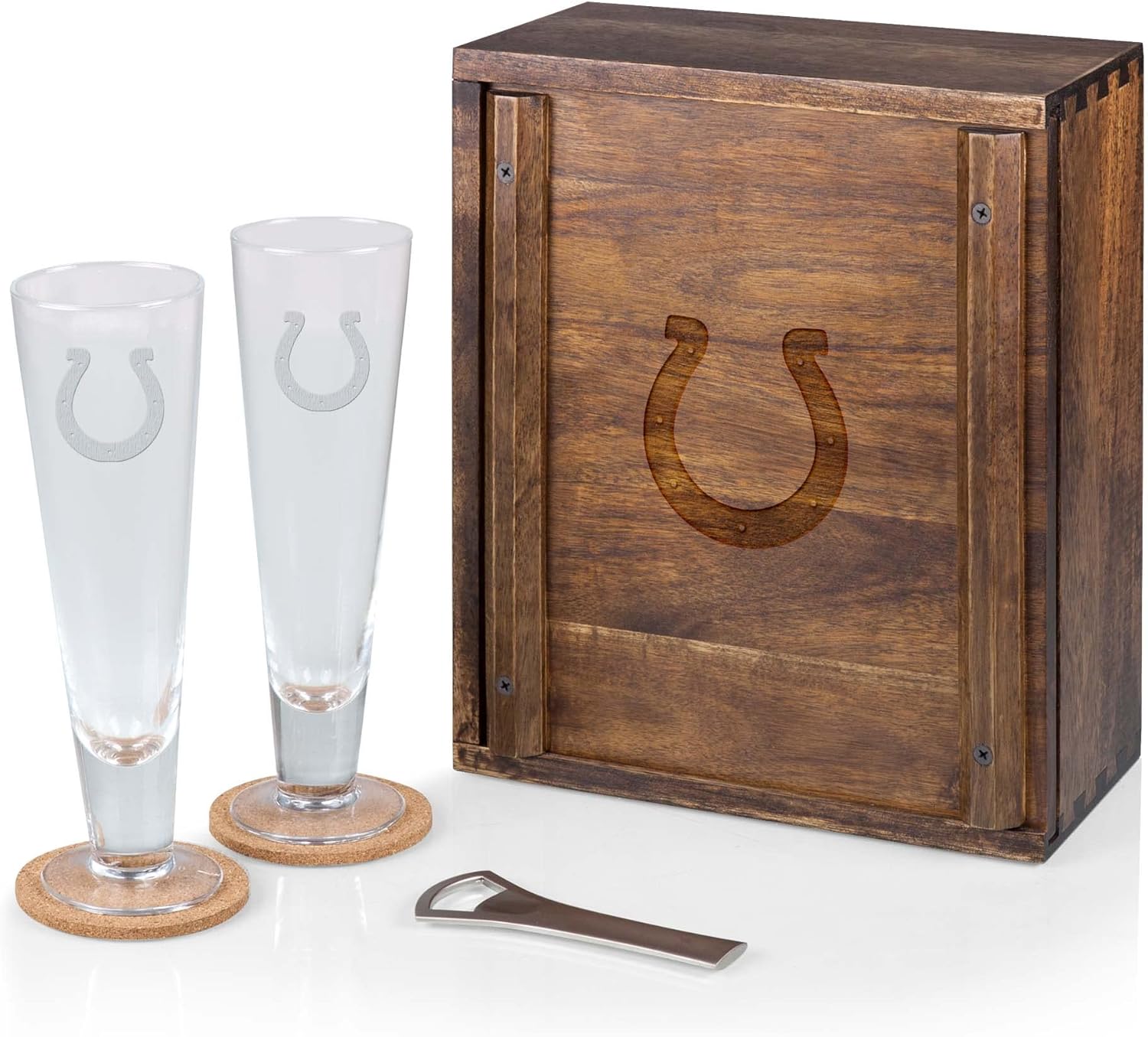 PICNIC TIME NFL Indianapolis Colts Acacia Wood Pilsner Beer Glass Gift Set for Two, Brown