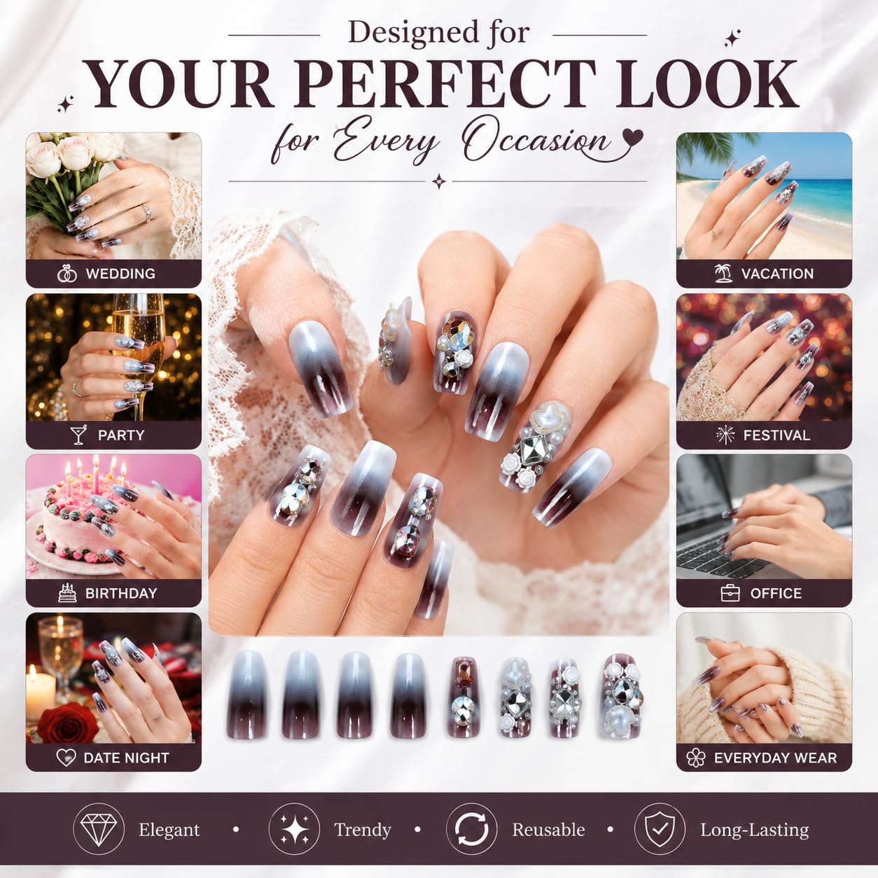 Press On Nails for Women 24 PCS, Grey Ombre Reusable Artificial Nails, Coffin Fake Nails with Crystal Rhinestones, Pearl & 3D Flower Design, Glossy Full Cover Nail Extensions, Premium ABS 1