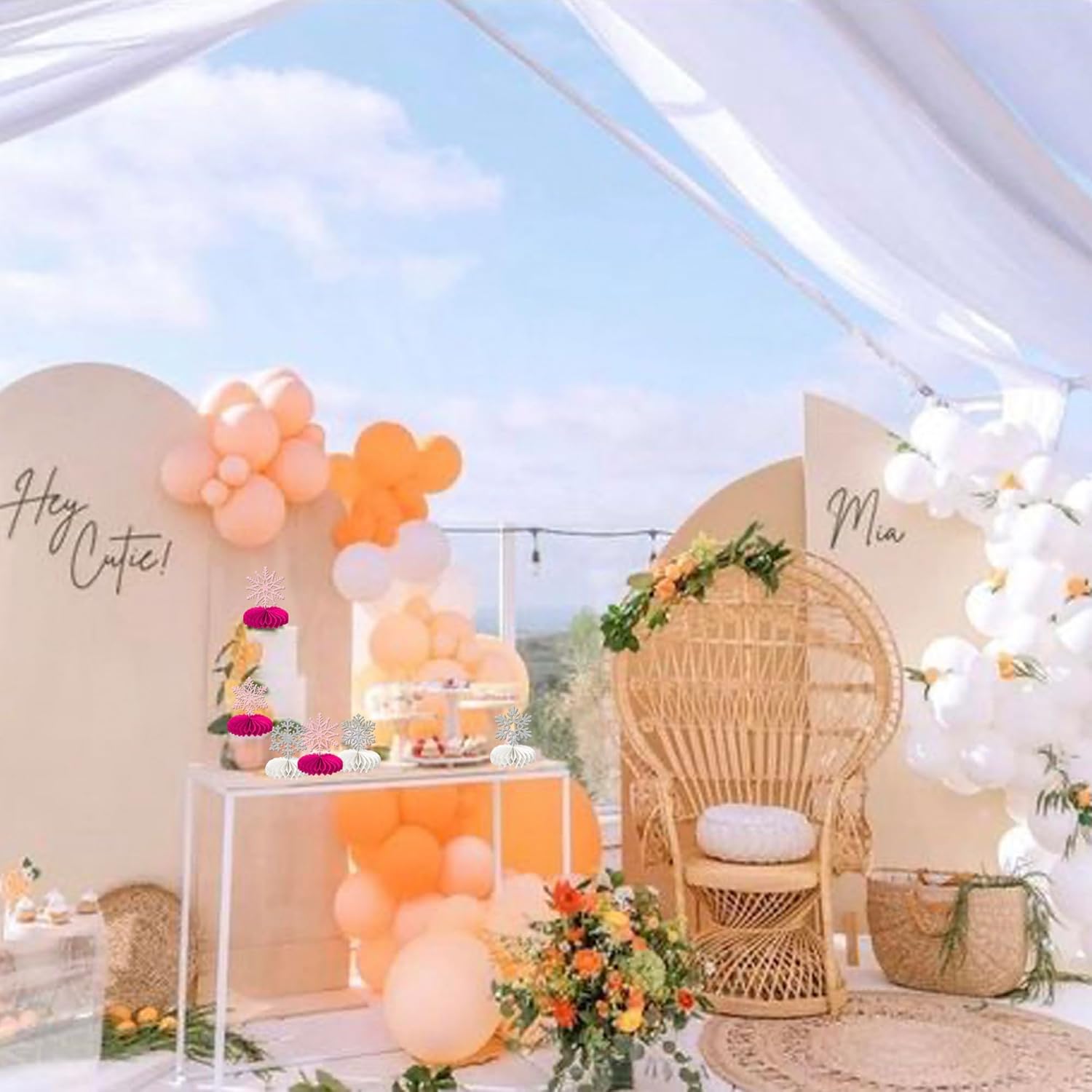 Rsstarxi 10 Pieces Frozen Winter Wonderland Party Decorations Glitter Silver Pink Snowflake Honeycomb Centerpieces for Winter Holiday Baby Shower Kids Birthday Christmas Party Cake Decorations