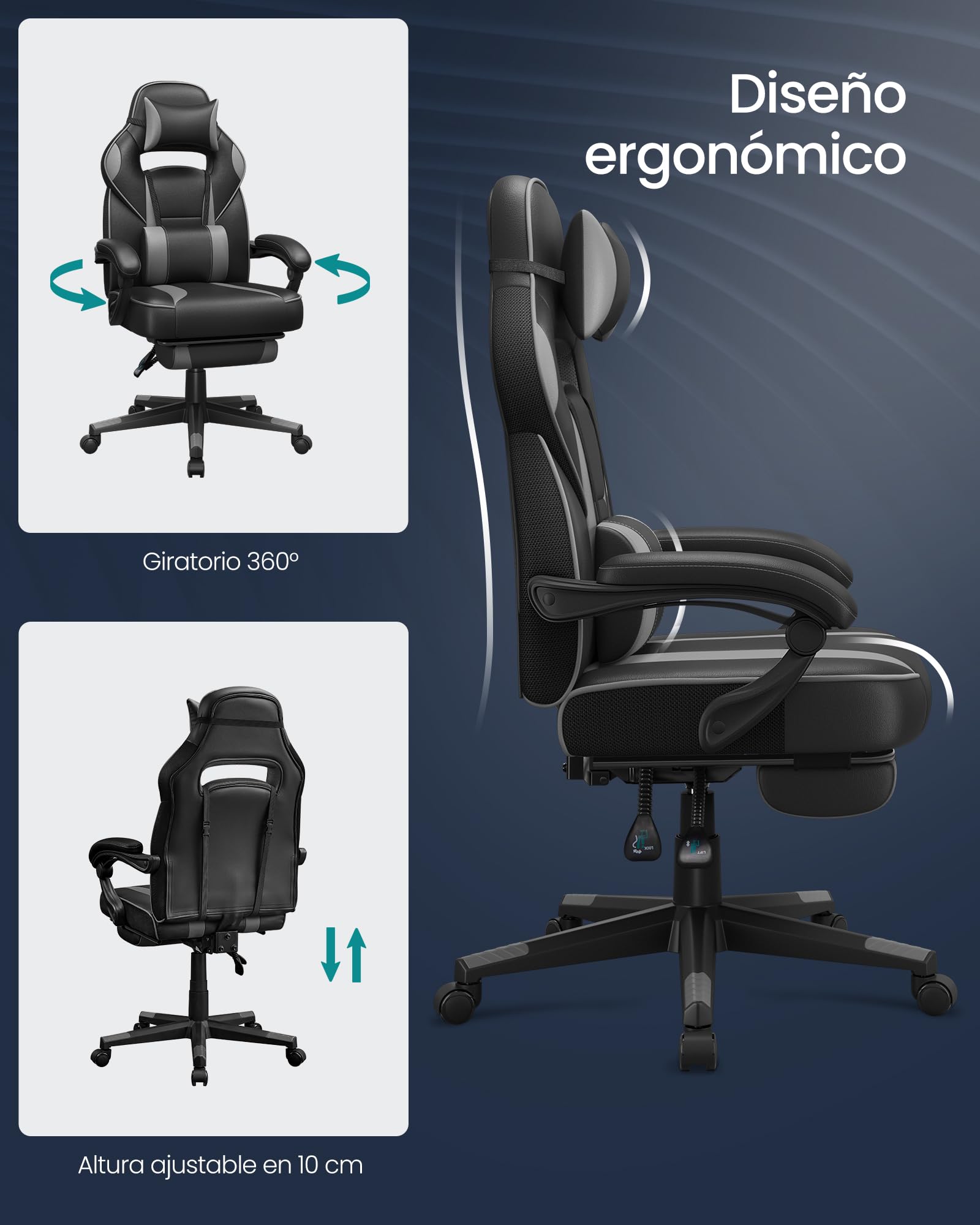 SONGMICS Silla de Oficina, Silla Gaming Ergonómica, con Reposapiés Telescópico, Respaldo Ajustable, Reposacabezas y Soporte Lumbar, Carga de 150 kg, Negro Tinta y Gris Paloma OBG073B03