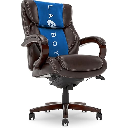 La-Z-Boy® Bellamy Executive Office Chair with Memory Foam Cushions, Real Wood Arms and Swivel Base, Waterfall Seat Edge, Faux Bonded Leather, Brown
