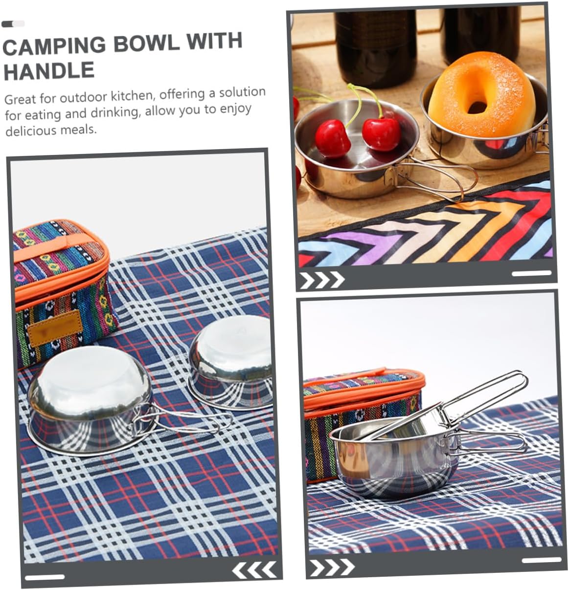 Outdoor Camping Bowl Set 3pcs 304 Stainless Steel Foldable Handle Metal Food Bowls with Mesh Bag for Hiking Picnic Barbecue