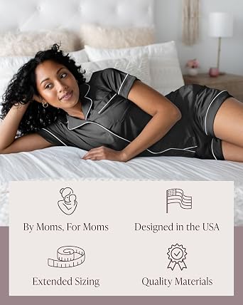 Kindred Bravely Clea Short Sleeve Pajama Set, Maternity & Nursing Sleepwear | Soft button-down breastfeeding sleepwear with pockets and elastic waist, breathable for pregnancy through hospital and beyond