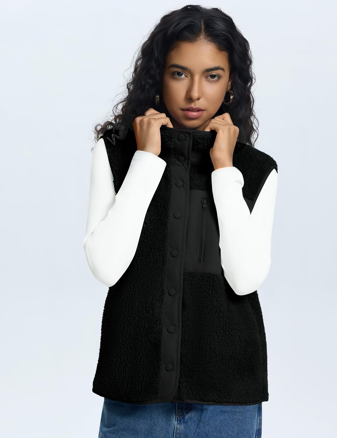 Rapbin Vests for Women Lightweight Stand Collar Sherpa Fuzzy Fleece Vest Buttoned Sleeveless Jackets with 3 Pockets - Image 2