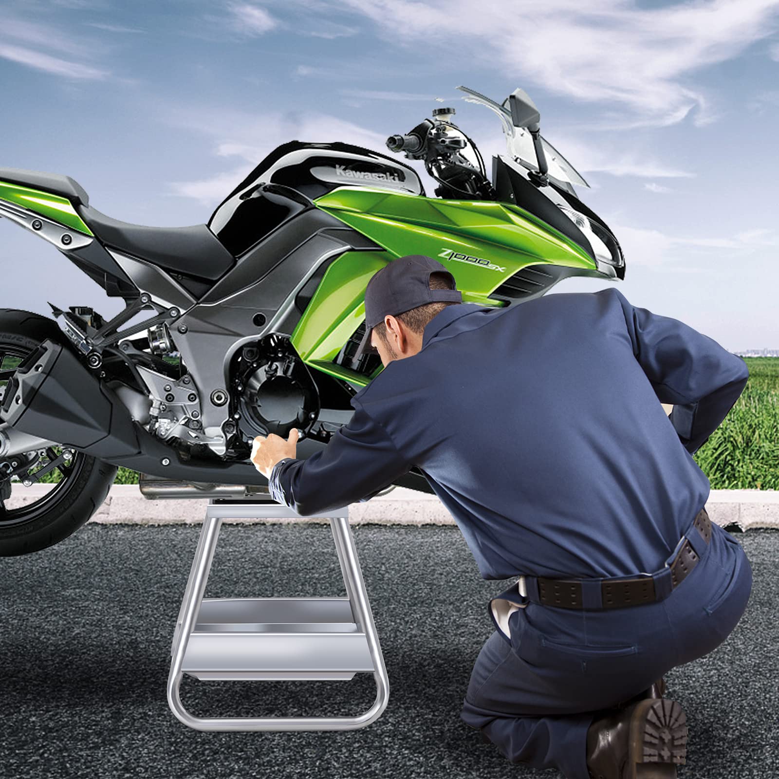 GYMAX Support de Levage pour Moto, Capacité 450 Kg, Cric de Levage en Acier, avec Bac d'Huile Amovible, Dessus en Caoutchouc Antidérapant, Trou de Vidange d'Huile, pour Entretien Moto Tout Terrain