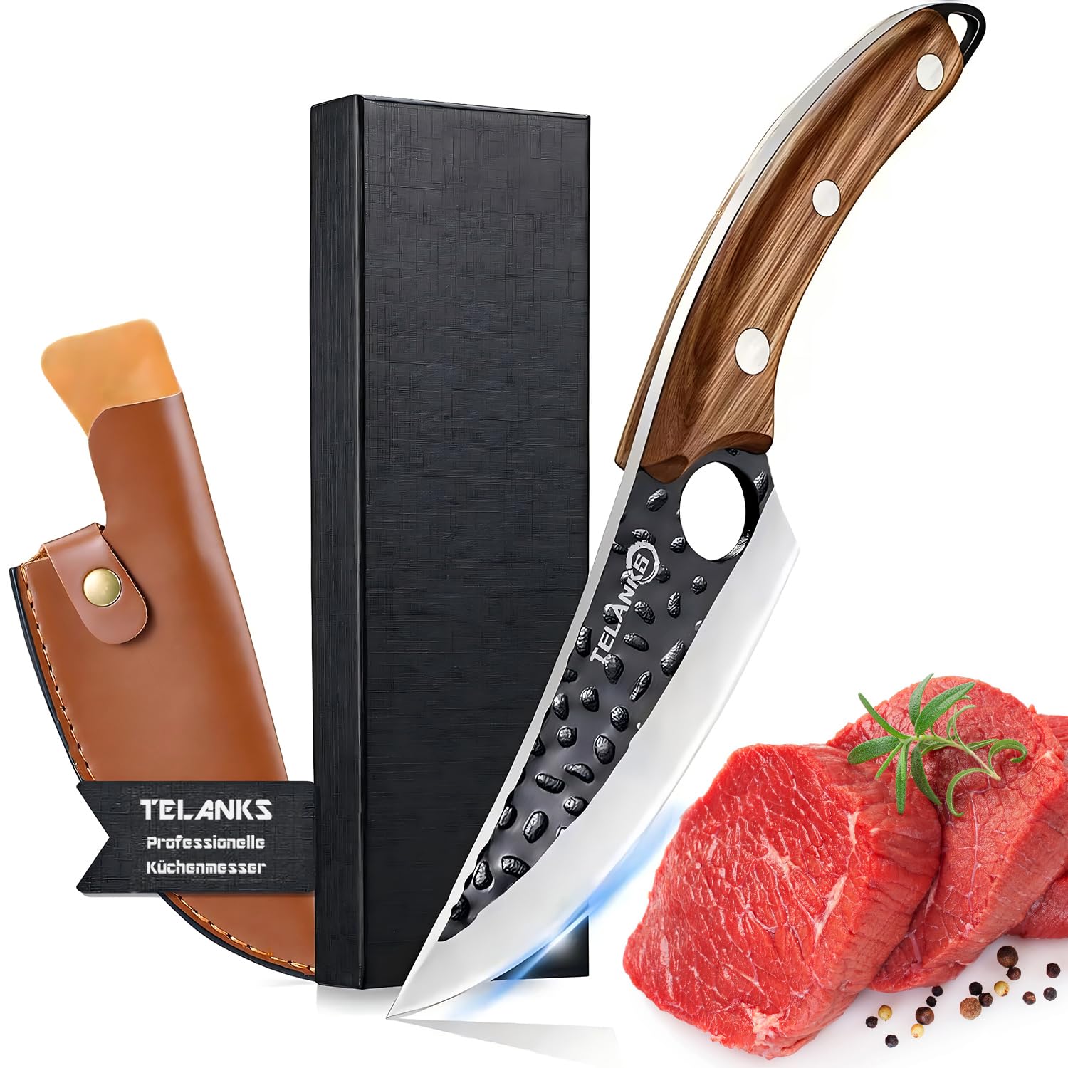 Rostfrei Japanisches Küchenmesser 15 cm Klinge, scharf japanisches Messer mit Lederhülle, Holzgriff Kochmesser für Gemüse und Fleisch