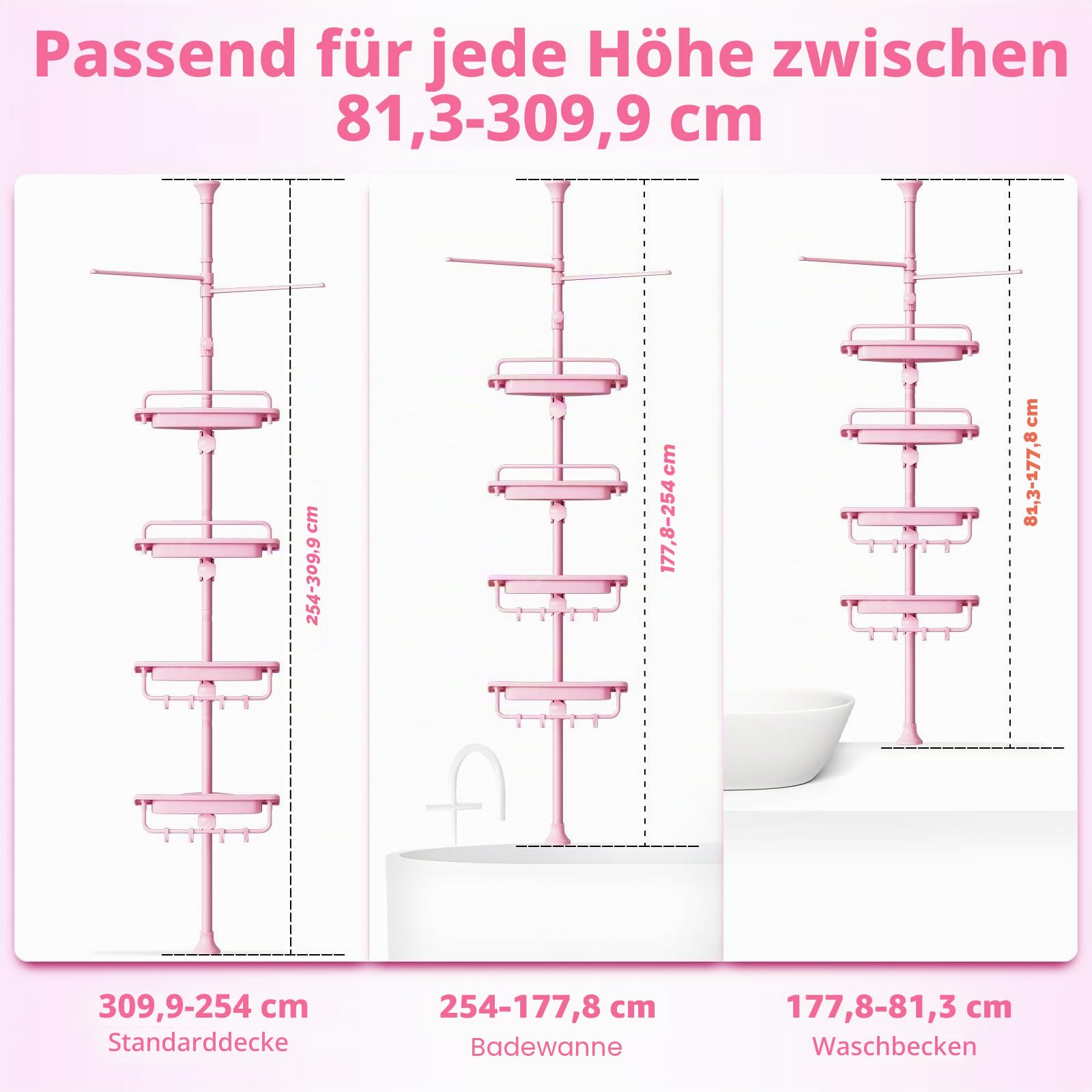 XLHOMO 81,3–309,9 cm Eck-Dusch-Caddy, Spannstange, rosa, rostfrei, bohrfreie Duschregale für Badezimmer, Badewanne, Waschbecken, Verstellbarer Dusch-Organizer mit 4 Ebenen, patentierten, stabilen