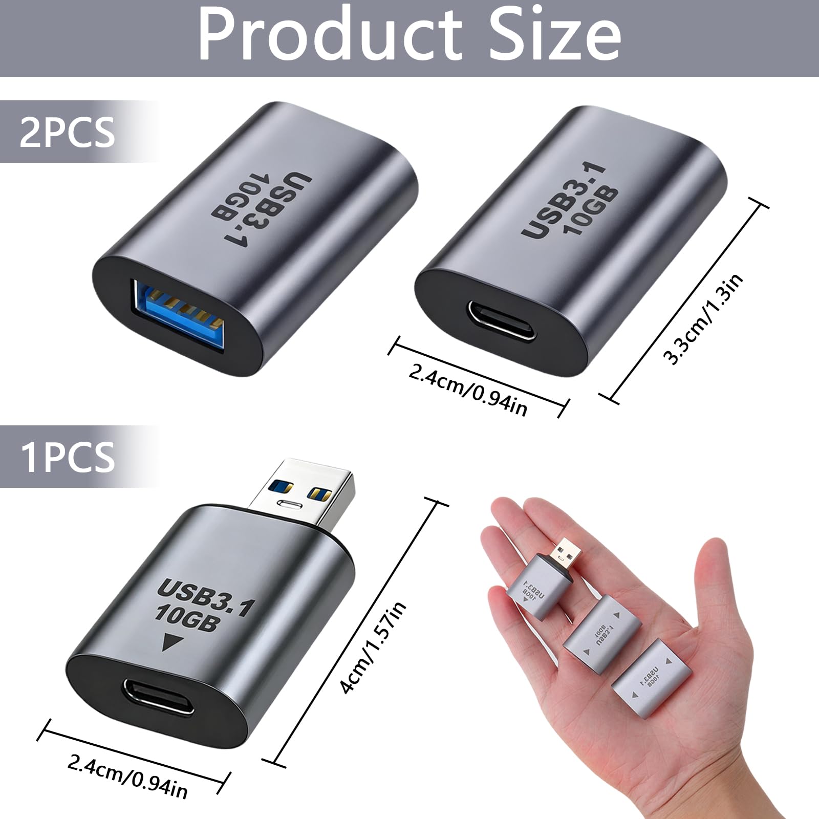 TNSLAND 2 sztuki adapterów USB żeński do USB-C żeński 10 Gb/s oraz 1 sztuka adaptera USB C żeński do USB męski do obsługi wideo i audio w tabletach i hubach, kompaktowe i trwałe