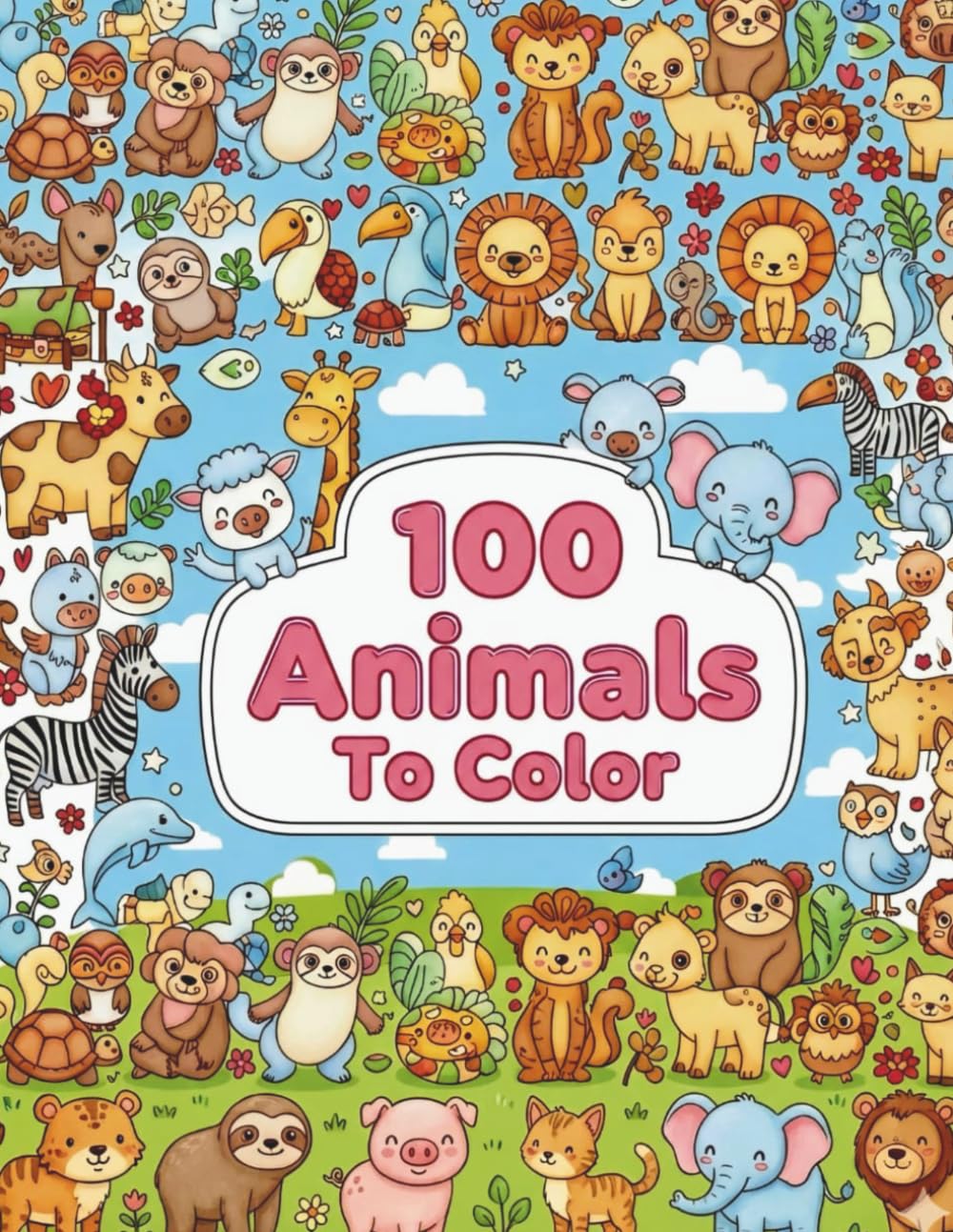 Coloring 100 animals: A coloring book for children featuring animals in amazing landscapes.