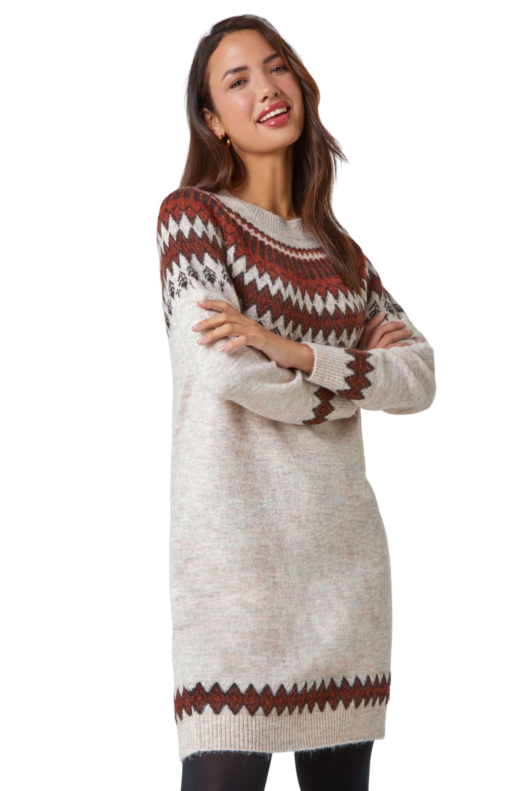 Roman Thick Jumper Dress for Women UK Ladies Knitted Knit Sweater Long Longline Knitwear Autumn Winter Holiday Round Neck Long Sleeve Soft Knee Length Sweat Warm Thick - Biscuit - Size 18