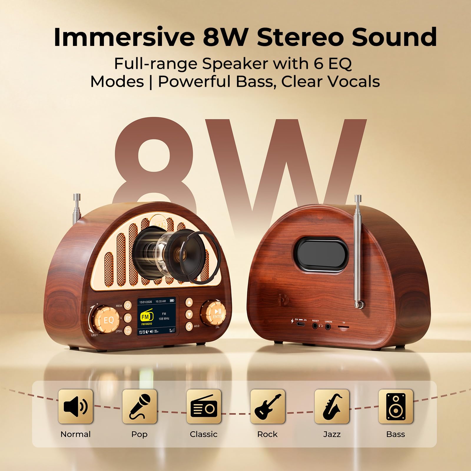 ROCAM Radio DAB+/FM, radio rétro avec Bluetooth 5.0, haut-parleur Full Sound 8 W, batterie 3000 mAh, écran couleur 2", RDS, AUX IN/cartes MicroSD, double réveil, minuterie de sommeil, 80 préréglages