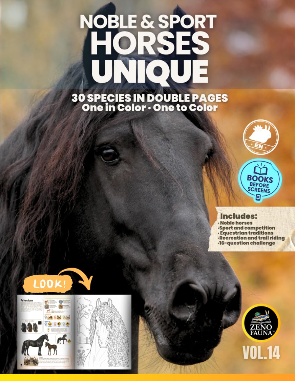 Horses: 30 Noble & Sport Breeds – Unique: 30 Breeds in Double Pages | One in Color and One to Color (Unique Animals)