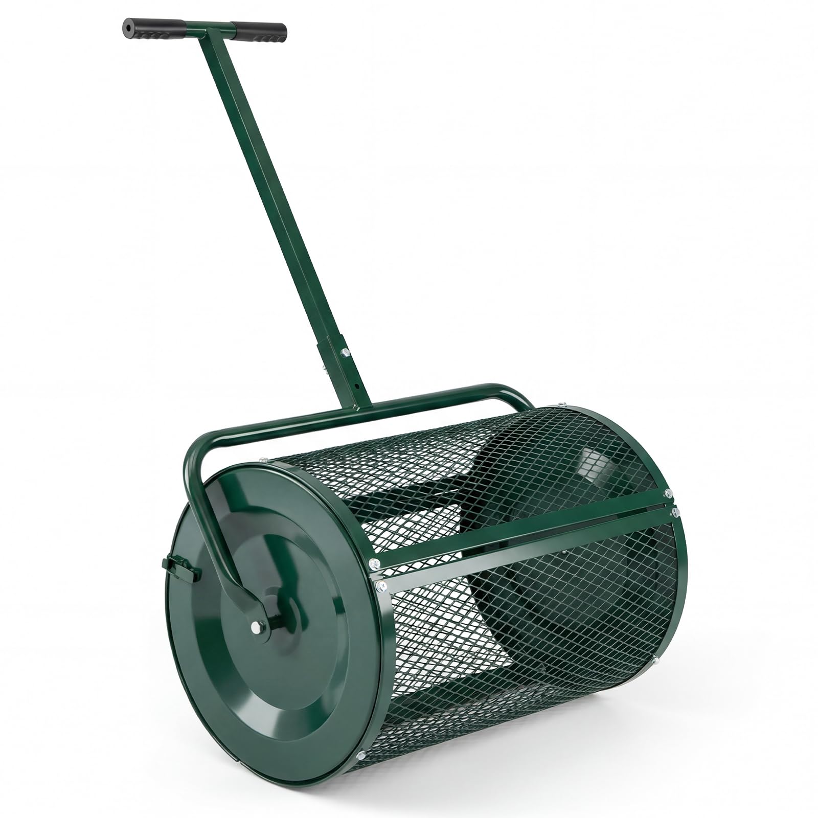 COSTWAY 27” Compost Spreader, 76L Peat Moss Spreader Roller with Handle & Side Latches, Metal Mesh Basket Push Fertilizer Spreader for Lawn and Garden (Green, Height Adjustable T-shaped Handle)