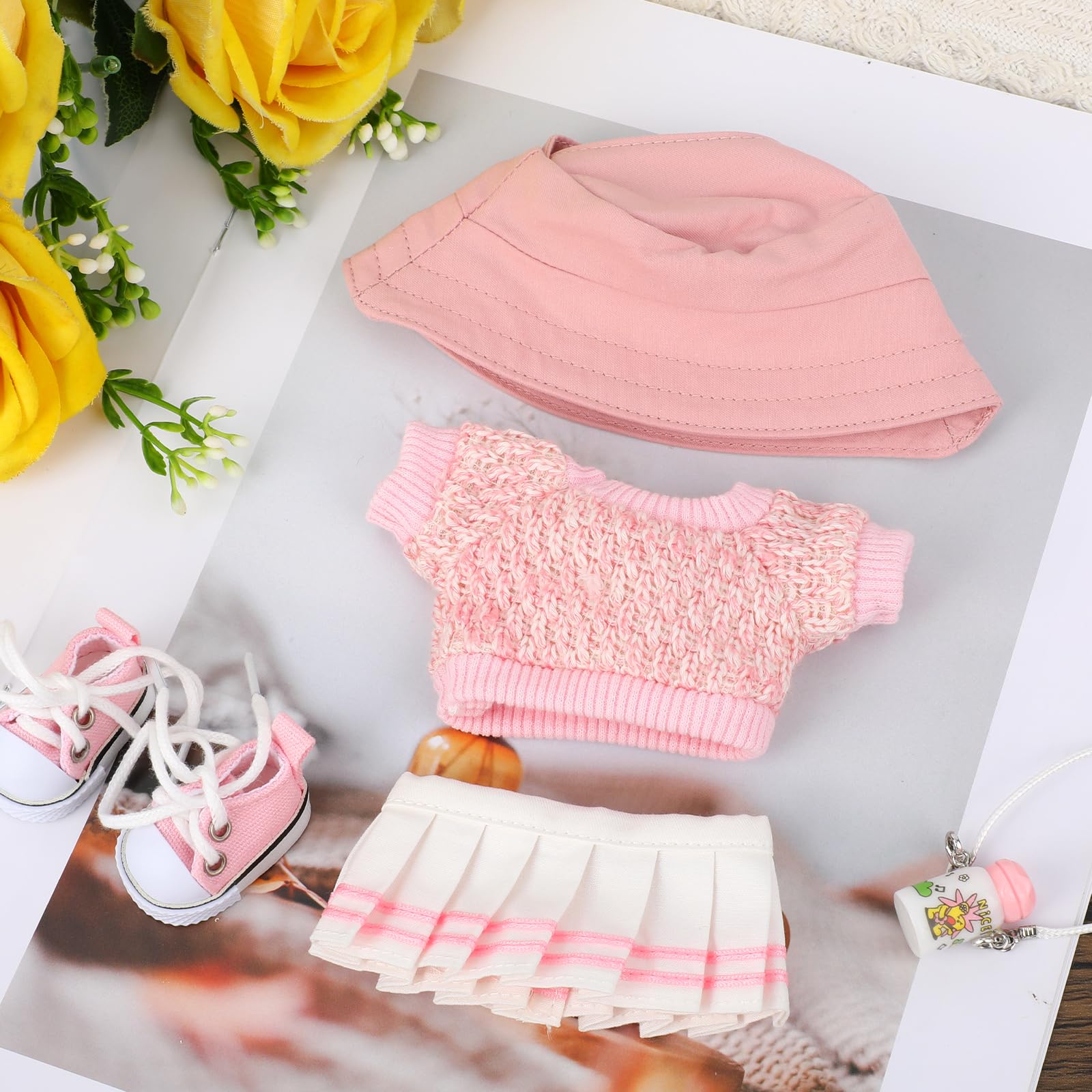 Fukaisu Plush Doll Clothes Set, 5-Piece Cute Pink Clothing Include Sweater, Skirt, Hat, Water Bottle and Canvas Shoes - Image 4