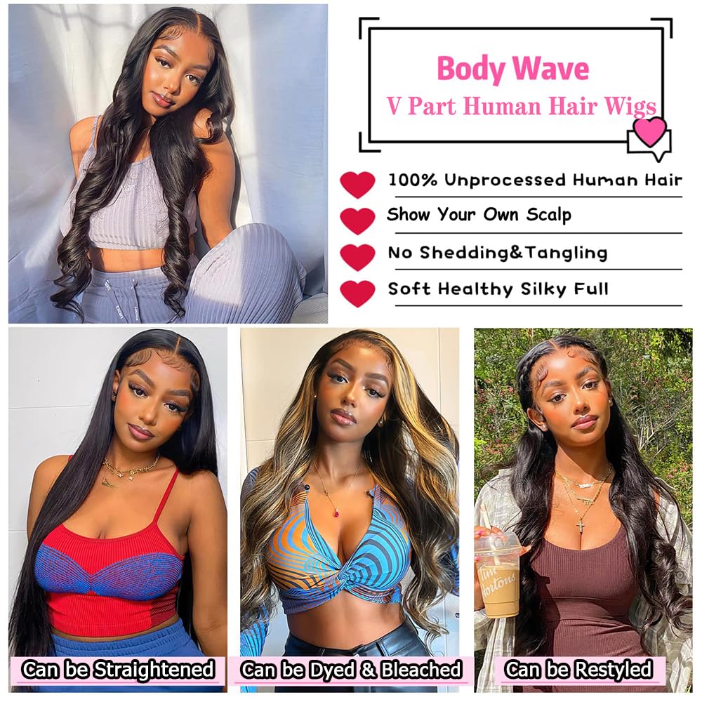 Xagujpo V Part Wigs Body Wave Brazilian Virgin Human Hair Wigs for Black Women Upgrade U Part Wigs Glueless Full Head Clip In Half Wig None Lace Front Wigs 210% Density Natural Color 20Inch