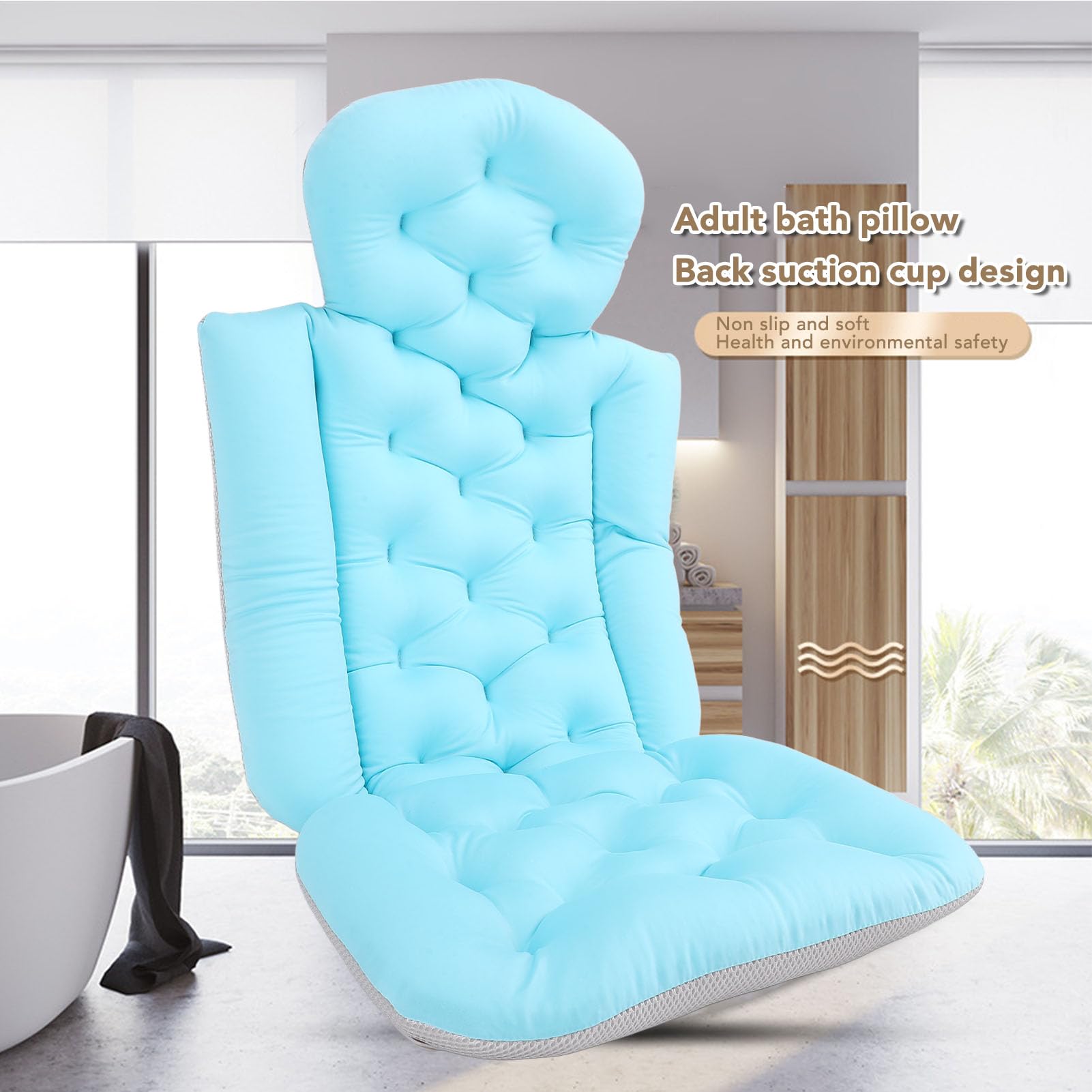 Chrees Cuscino Bagno per Tutto il Corpo, Cuscino Vasca in Memory Foam Ad Asciugatura Rapida con Ventose, per Supporto Collo, Spalle e Schiena, Blu