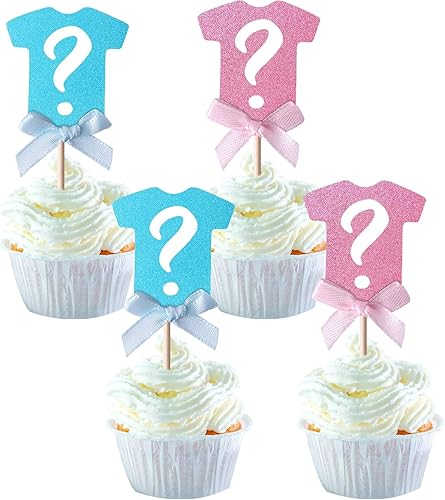 Miniatura 7 de Paquete de 24 adornos para cupcakes con purpurina para revelación de género, signo de interrogación, selecciones de cupcakes para niños o niñas,