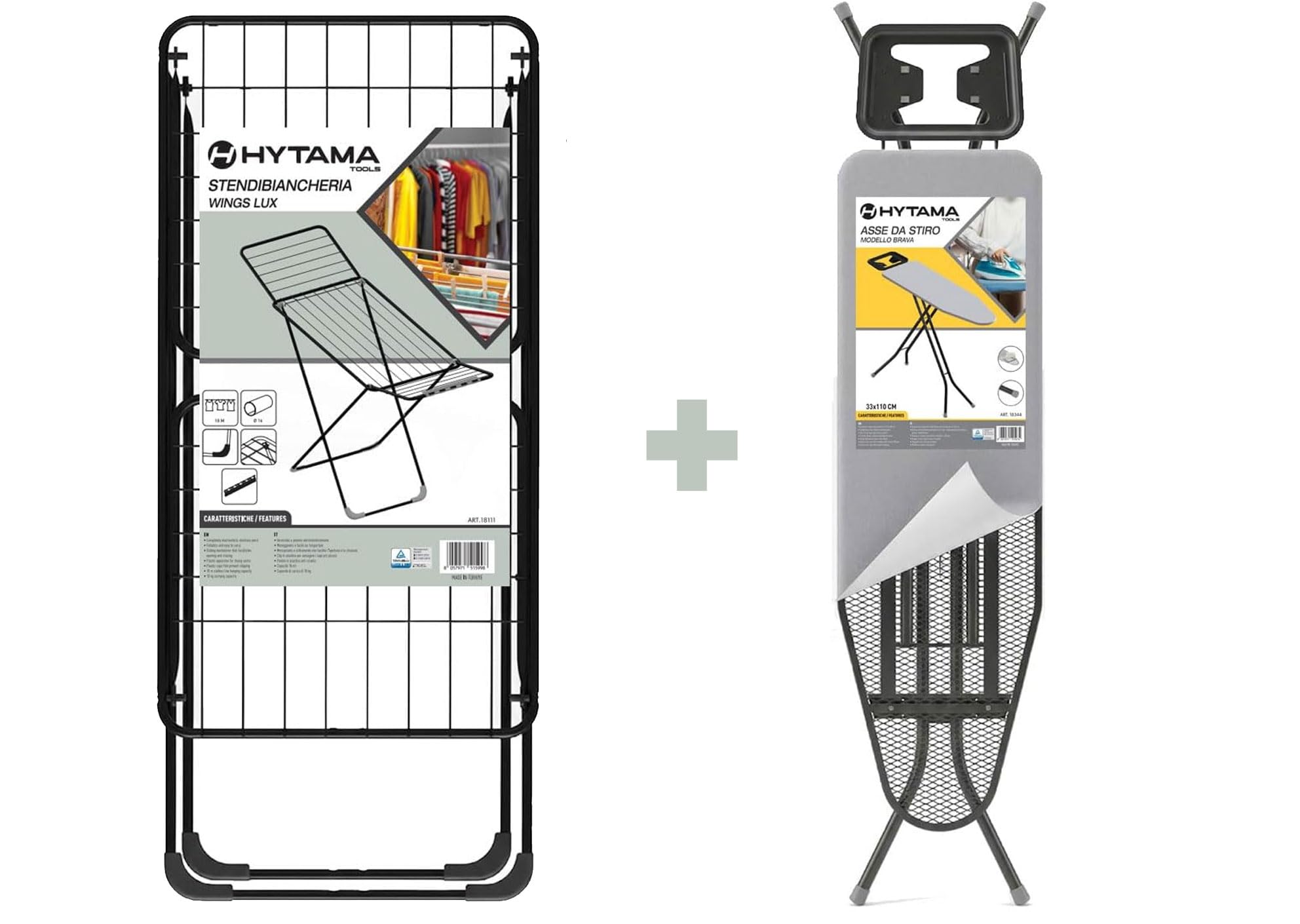 HYTAMA TOOLS - Bügeltisch BRAVA 33 x 110 cm aus Stahl mit klappbarem Hebel, platzsparend mit Bügeleisenablage + Wäscheständer EGE WINGSLUX schwarz für den Boden, 18 m Trockenlänge, Stahl