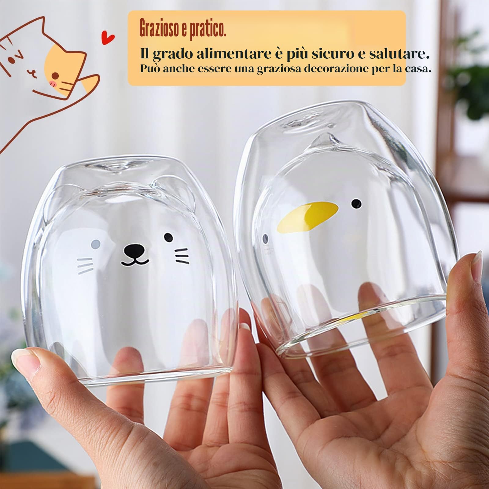 Set da 4 Pezzi Tazze per Gatti Carine in Vetro a Doppia Parete, Simpatica Tazza per Animali Con 4 Cucchiai e 4 Sottobicchieri, Tazza di Caffè Resistente al Calore
