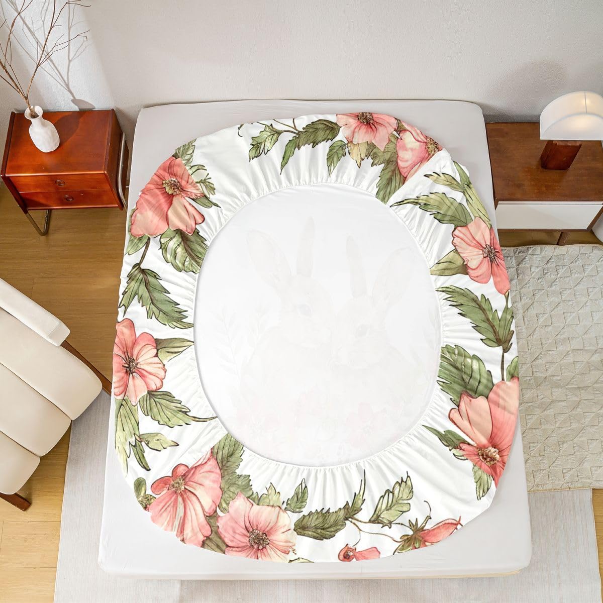Rabbit Kawaii Bed Sheets Easter Decorations for The Home,Cute Pet Animal Fitted Sheet,Pastel Pink Flowers Sheet Set Queen,Green Leaves Boho Floral Easter Decor Easter Gifts for Adults