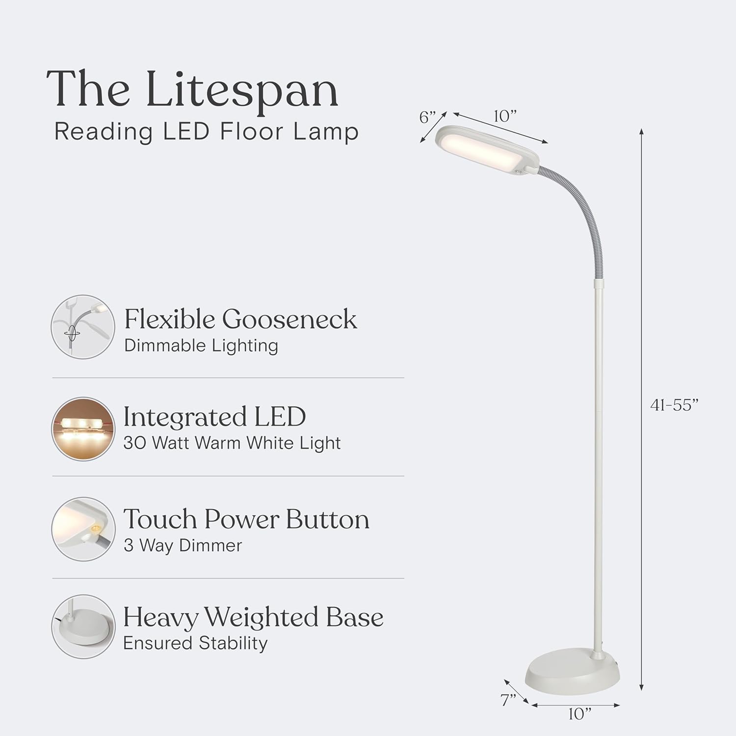 Brightech Litespan LED 2nd Edition Reading Floor Lamp with Cool, Soft & Warm White LED's - Built-in Dimmer - Adjustable Design Pivots in Any Direction - Energy Saving 12 Watts - Alpine White