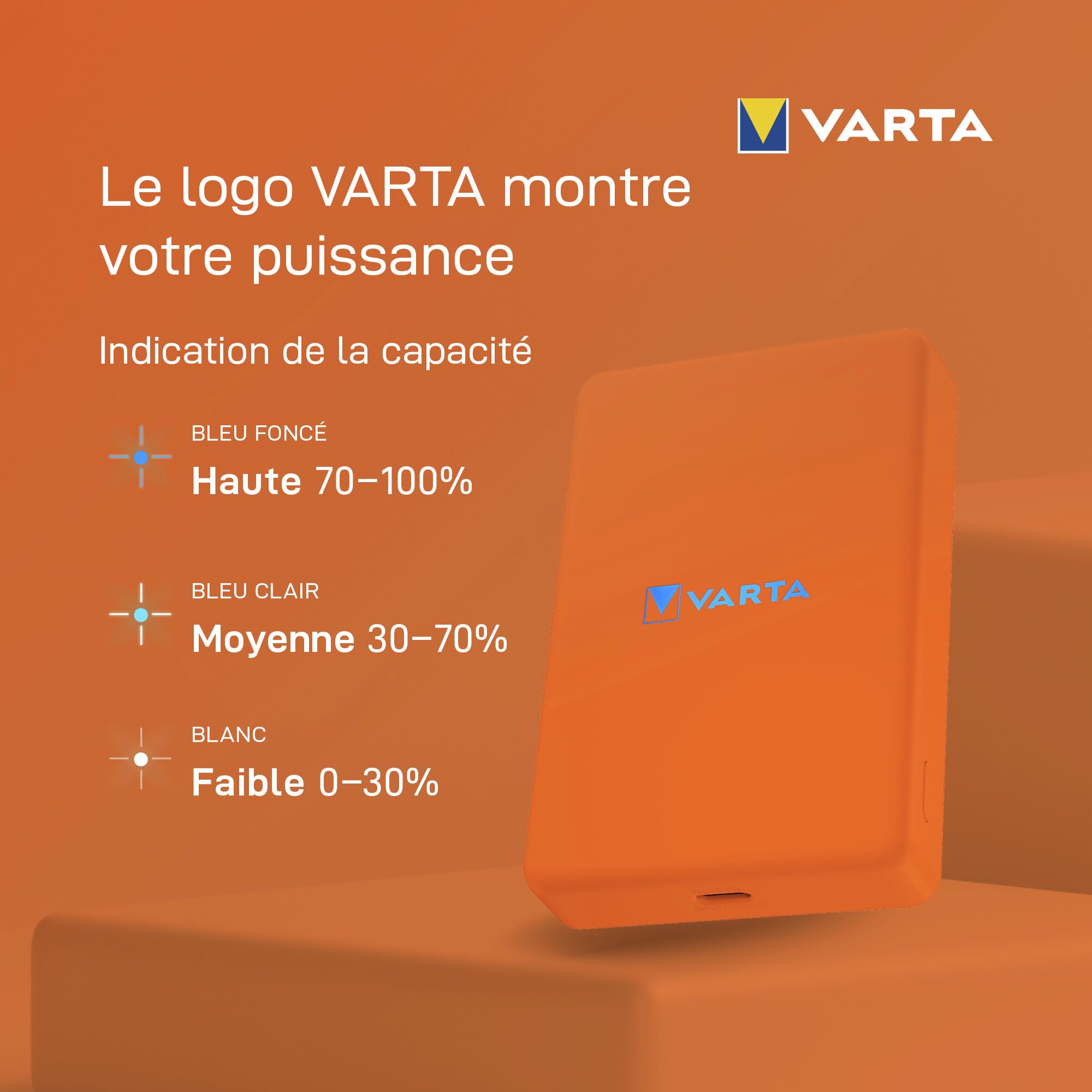 VARTA Power Bank 5000 mAh, Mag Pro, magnétique, sans Fil, Coloris Orange